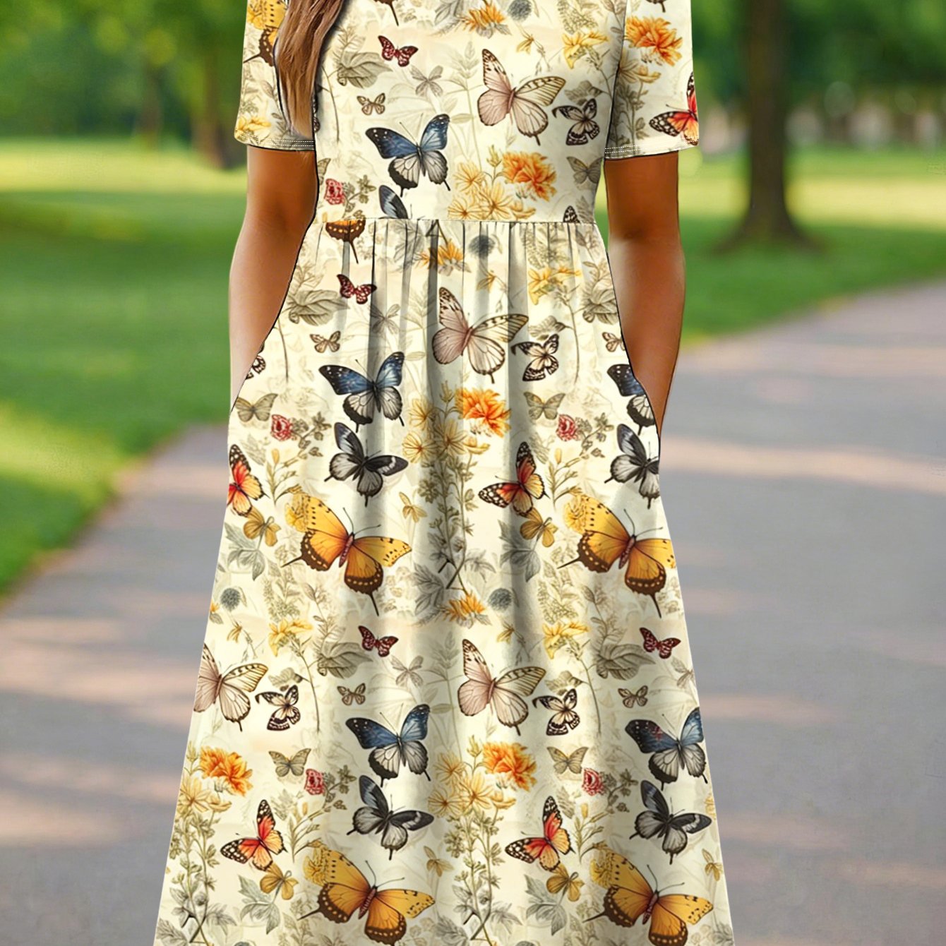 Image of [ Essentials] /summer Women's & Floral Print Midi Dress, Short Sleeve Round Neck Pleated Waist Dress With Pockets For , Women's Summer Dresses, Elegant And Sophisticated Women's Dresses, Skirts