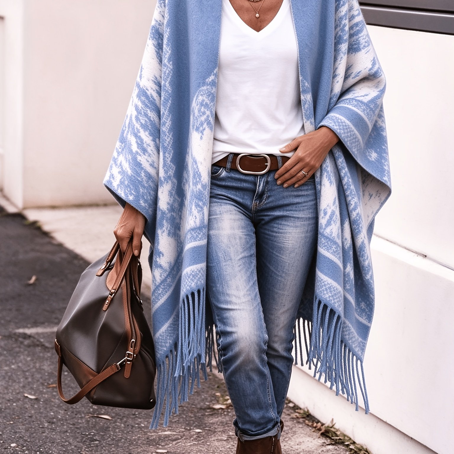 TEMU Écharpe Cape Jacquard Tissu à Franges Paysage Style National pour Femme, Manteau Chaud, Plage, Montagne, Vacances, Photo, Vêtement d'Extérieur,