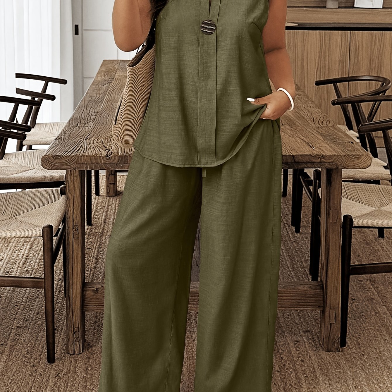 TEMU Plus Size, 2pcs Set, Plus Size Casual Solid Color Sleeveless Top And Pants Set
