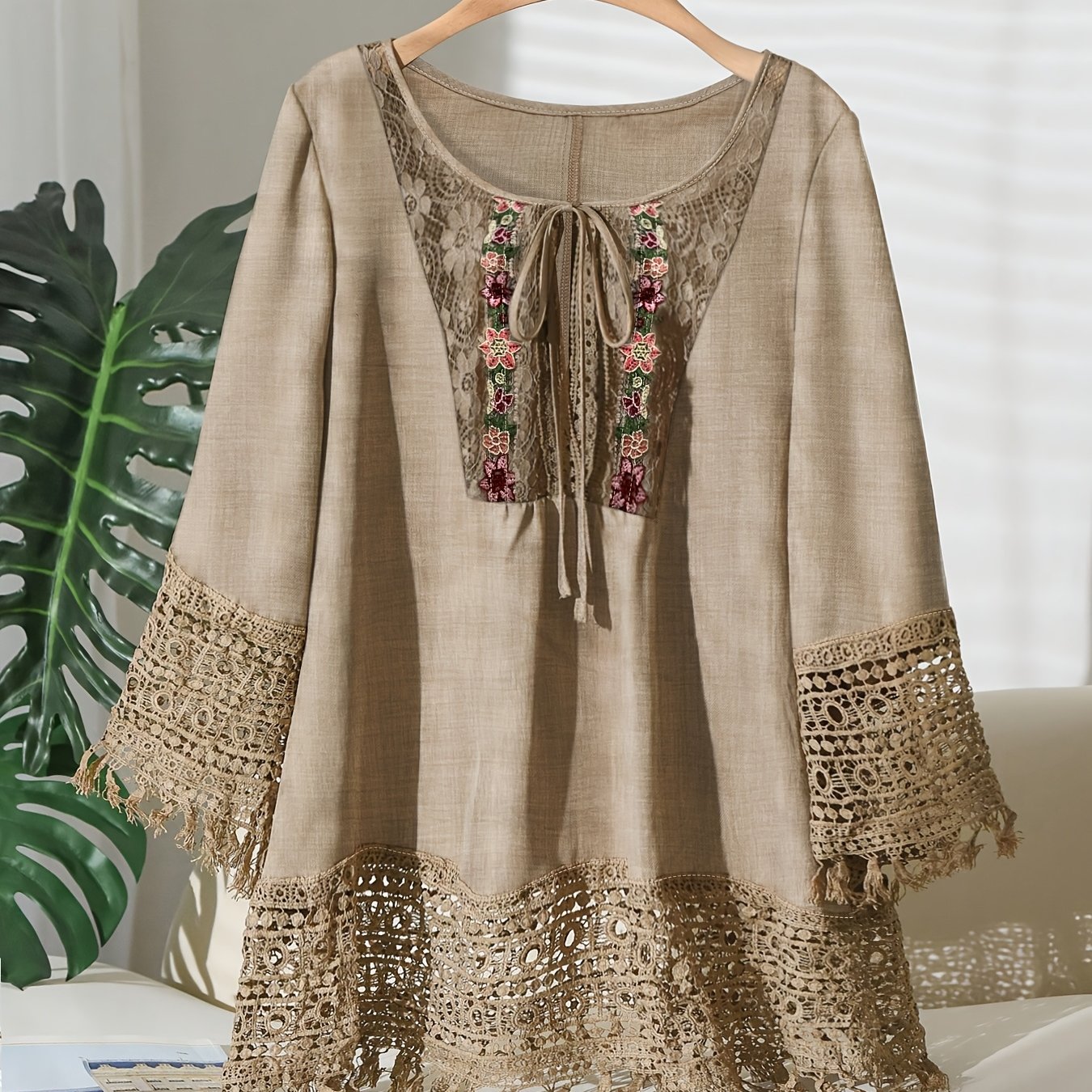 TEMU Plus Size, Bohemian Suitable For Body Types - Round Neck Tie Collar Shirt With 3/4 Sleeves, Machine Washable Solid Color Top For Casual & Dressy