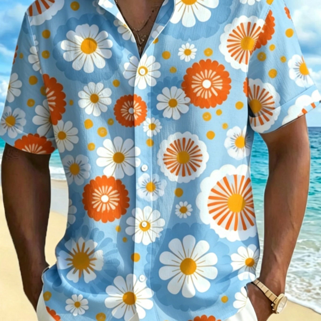 TEMU [printed Design-not Textured] Men's Retro Floral Pattern Shirt, Orange White Easy Daisy Design, Cream Base, Short Sleeve, Casual Summer Wear,