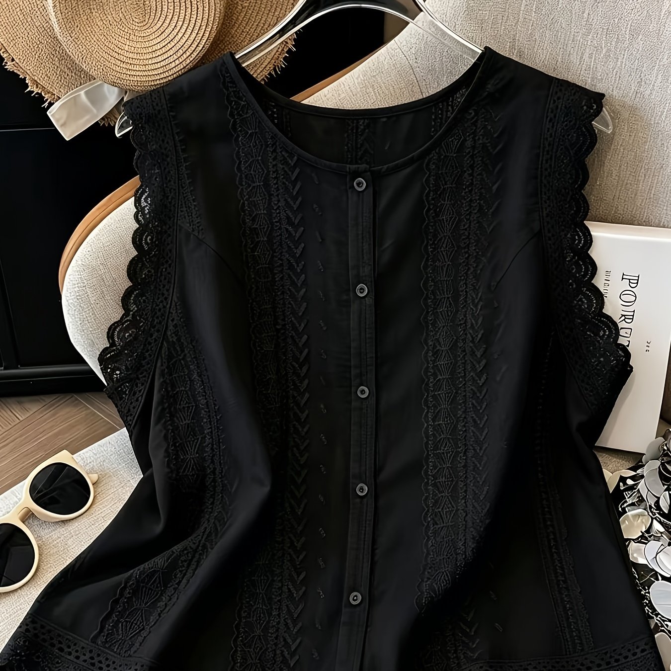 TEMU Plus Size - Cross-border Fashion Spring Summer New Embroidered Plus Size Lace Sleeveless Vest Top