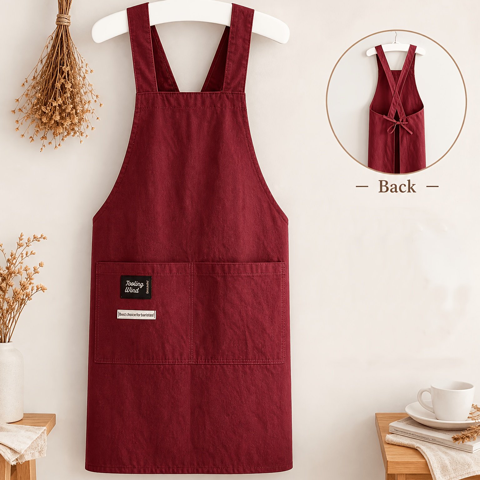 TEMU 1pc Minimalist Solid Color Long Apron, Home/commercial Use, Loose Fit Adjustable Waistband With Large Capacity Multi-functional Pocket,