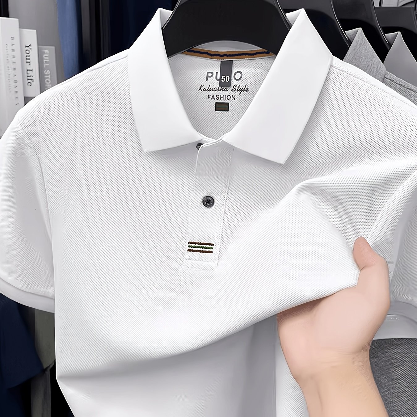 TEMU Men's Embroidered Striped Shirt, Summer Breathable Pearlized Fabric Short Sleeve, Business Casual All-match Golf Top