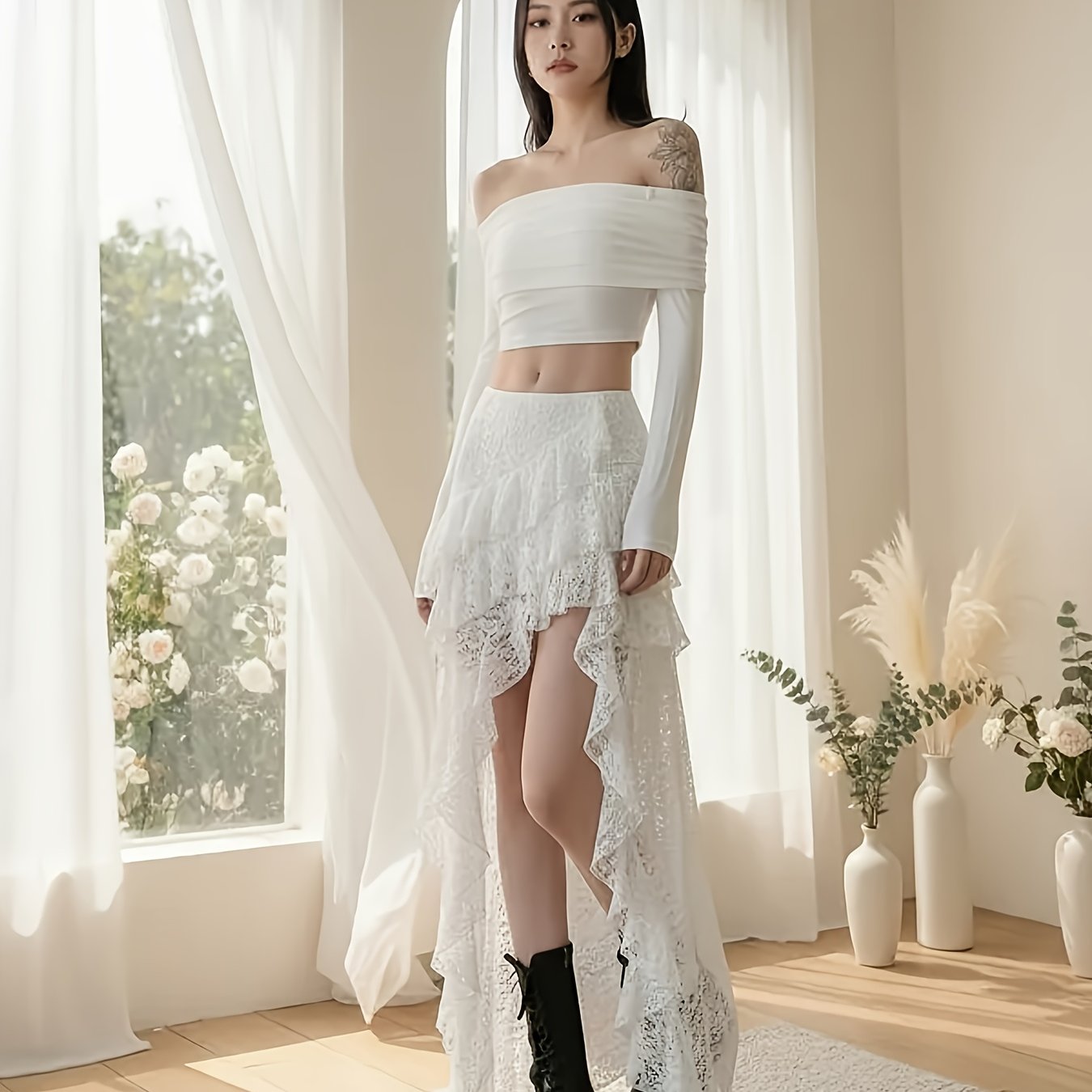 TEMU Robe asymétrique en dentelle patchwork taille haute pour femmes, une jupe sexy noire et blanche à volants pour , idéale pour , , le cosplay et