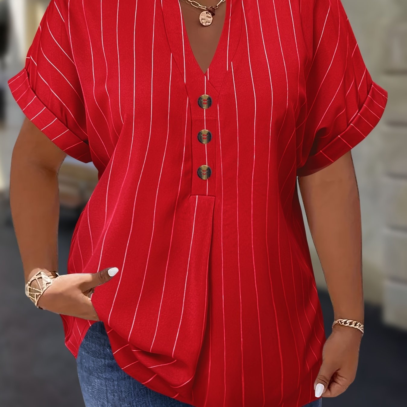 TEMU Plus Size, Striped Notch V-neck Shirt With Buttons Short Sleeve Simple And Plus-size For Women Casual Top