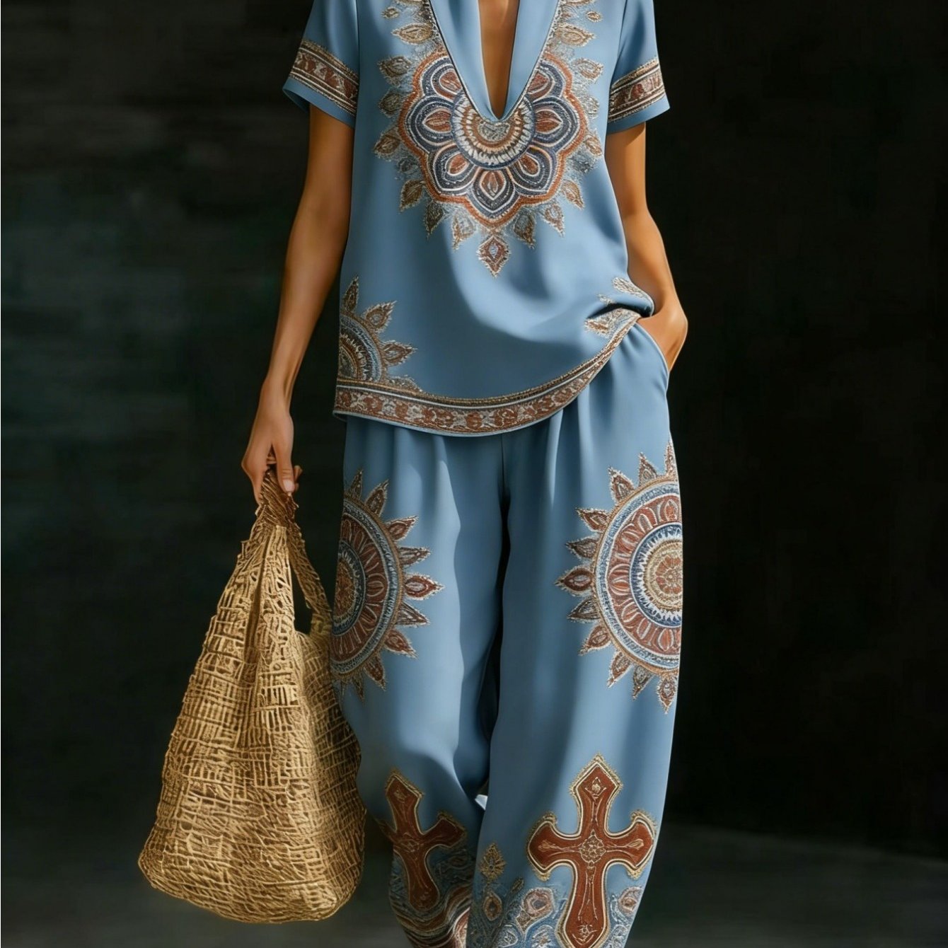 Image of Plus Size - Summer Women'-piece Set Ethnic Mandala Print V-neck Short Sleeve Top And Wide Leg Pants Casual Loose Vacation Outfit Blue Brown
