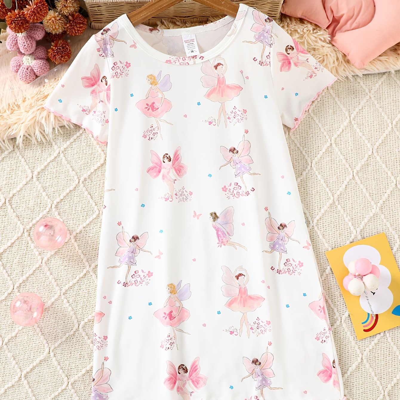Image of Flame Retardant 1615 Girls' Casual Cute Elf Print Ruffle Loungewear Nightdress