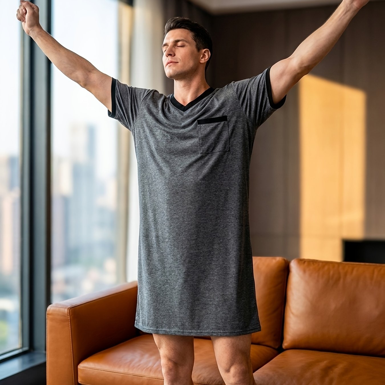 TEMU Modern V-neck Men's Sleeprobe, And Comfortable Loungewear With Functional Pockets, Summer Cooling Pajama Shirt, Nordic Style