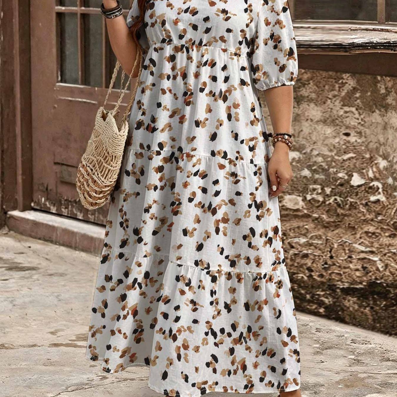Image of Plus Size, Summer Plus Size Leopard Printed Bubble Shortsleeved Maxi Dress For Women. Layered Cake . Casual Elegant Bohemian Resort Dress. Comfortable Soft Flowy Fabric For Beach Holidays.