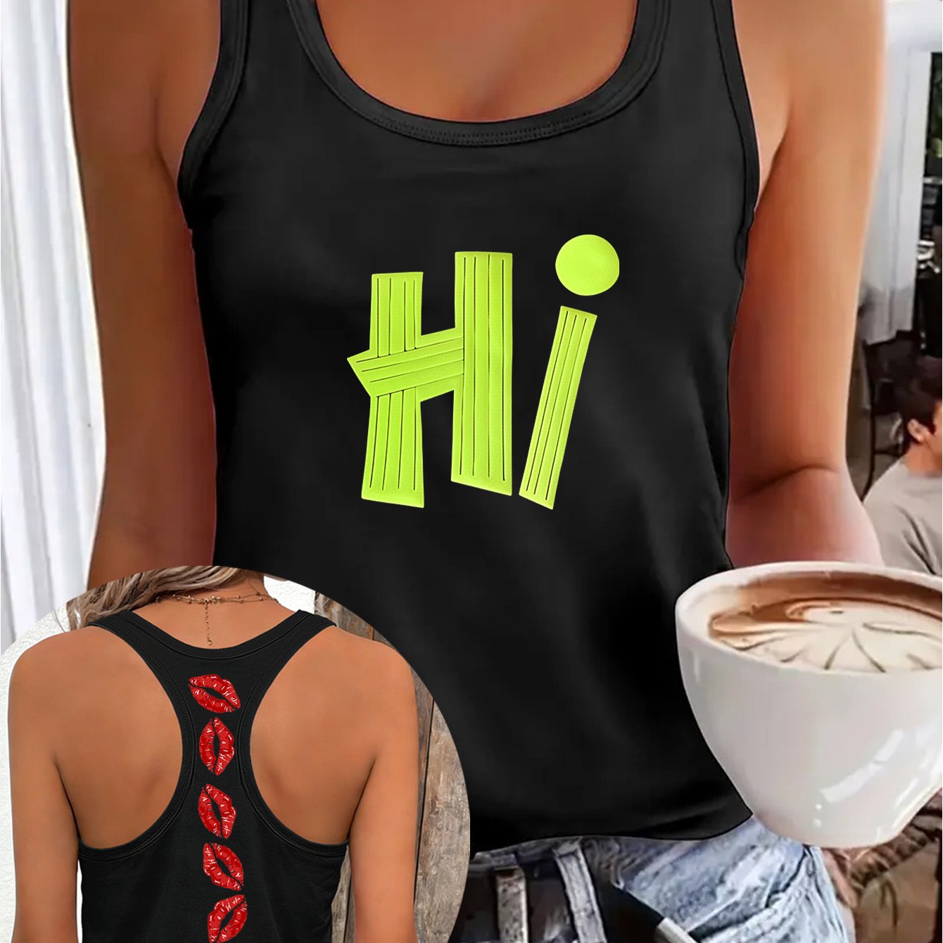 TEMU Green Hi Letter-style Printed Summer/autumn Women's Sleeveless Top, Women's Home Cool Sleeveless Top, And Revealing Backless And Style