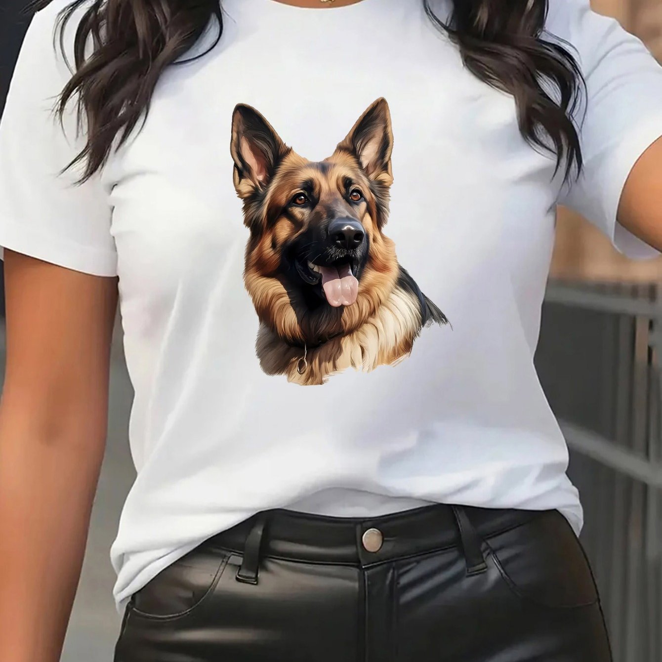 TEMU Women' German Shepherd Print T-shirt - Realistic Dog Short Sleeve Round Neck Casual Top, Comfortable Suitable For Daily Wear & German Shepherd