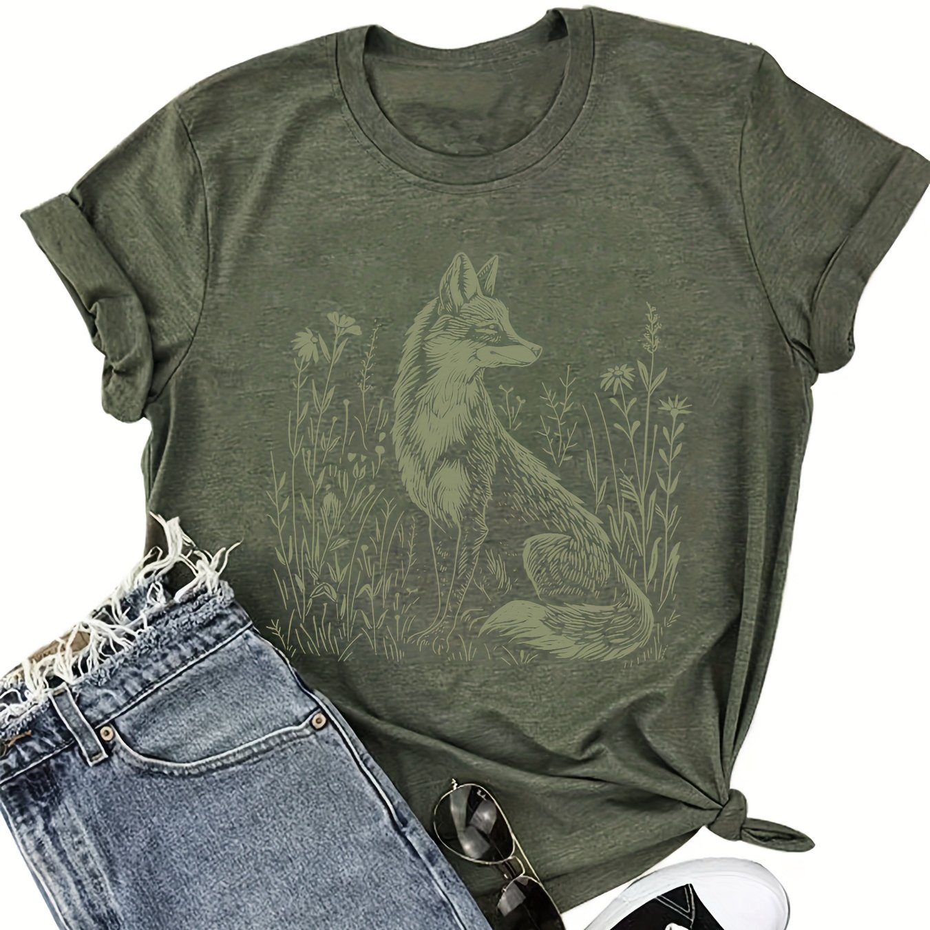 Image of Ladies' Casual Short-sleeved T-shirt Pattern Print - For , , Featuring A Blend Of Animal And Plant Elements-lightweight, Breathable, And Comfortable, Perfect For Your Spring And Summer Wardrobe.