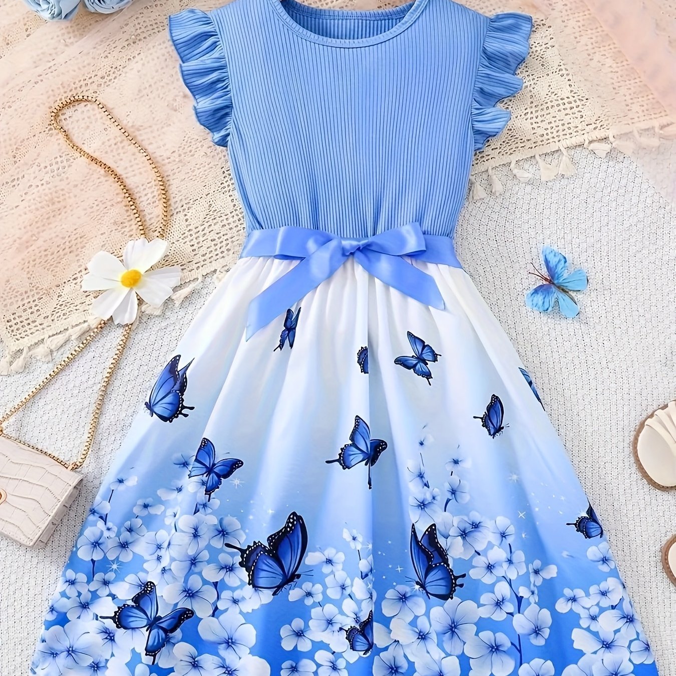 Image of Romantic Floral Print Round Neck Flutter Sleeve Dress + Belt, As A Gift, For Holiday Parties, Gatherings/birthdays/vacations/outdoors/casual /daily Wear