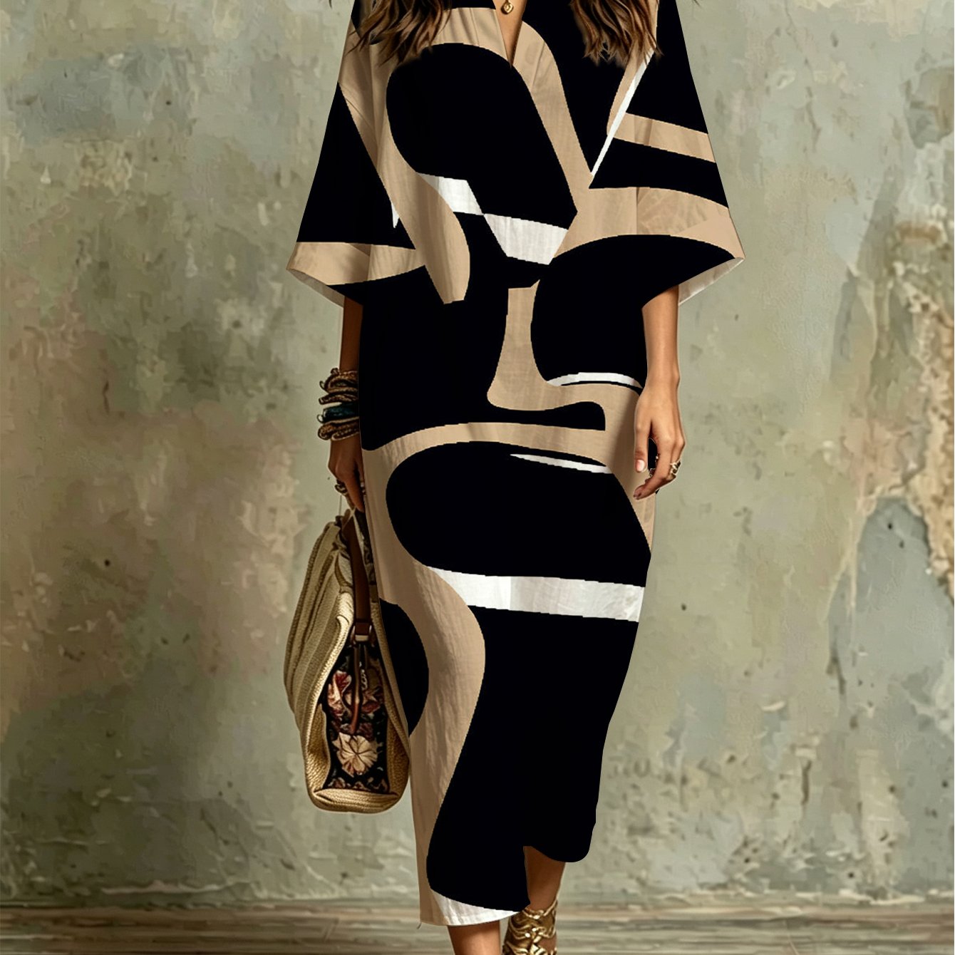 Image of Plus Size, Elegant Kaftan Dress - Abstract Beige & White Swirl Print , Loose Fit Lightweight Breathable Maxi Dress Suitable For Beach Vacations, Summer Parties, Casual Outfits, Round Neck Dress