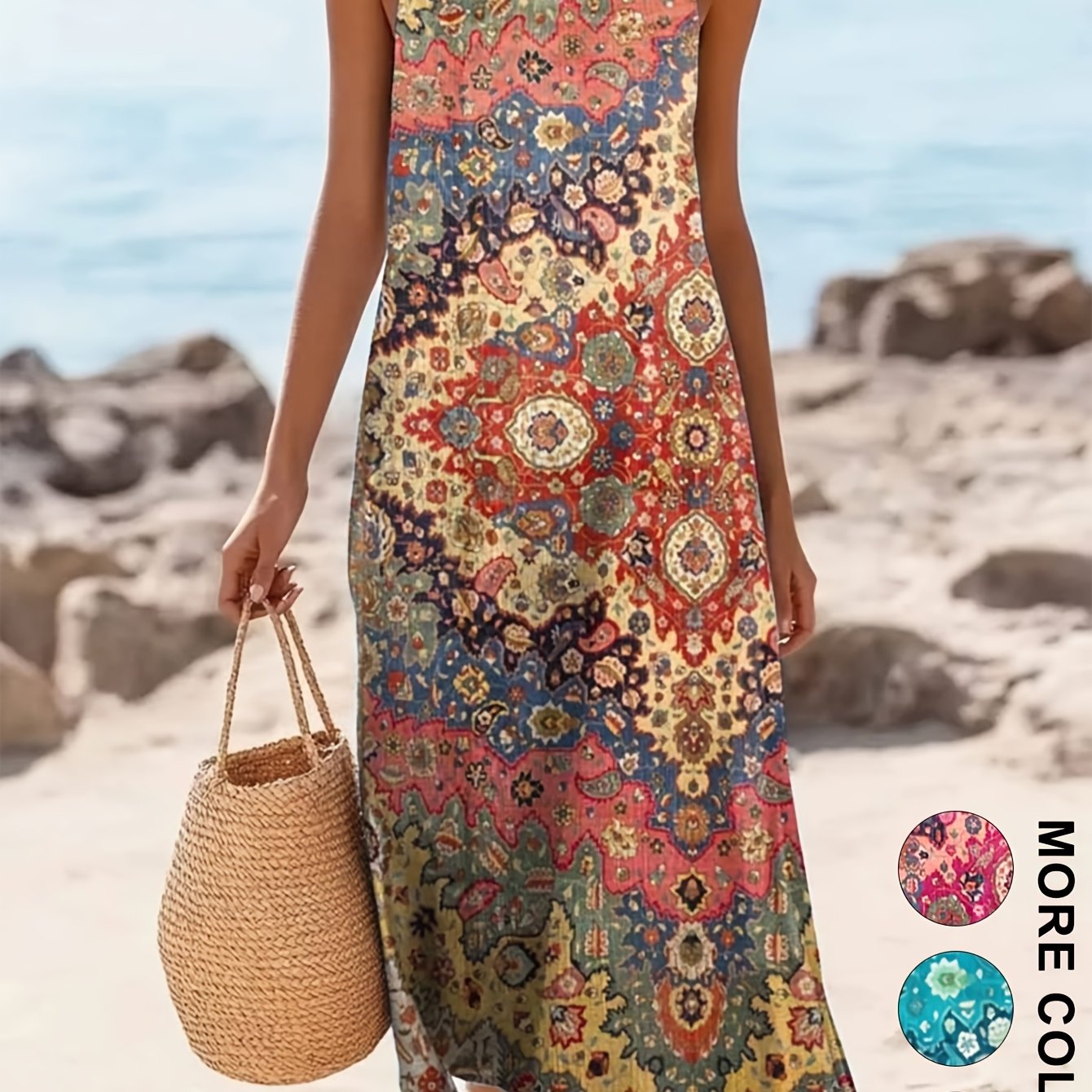 TEMU Spring And Summer Bohemian Vacation Ethnic Style Women's Loose Sleeveless Dress Suitable For Summer Beach , ' , Vacations, Picnics, Women's Long Skirt