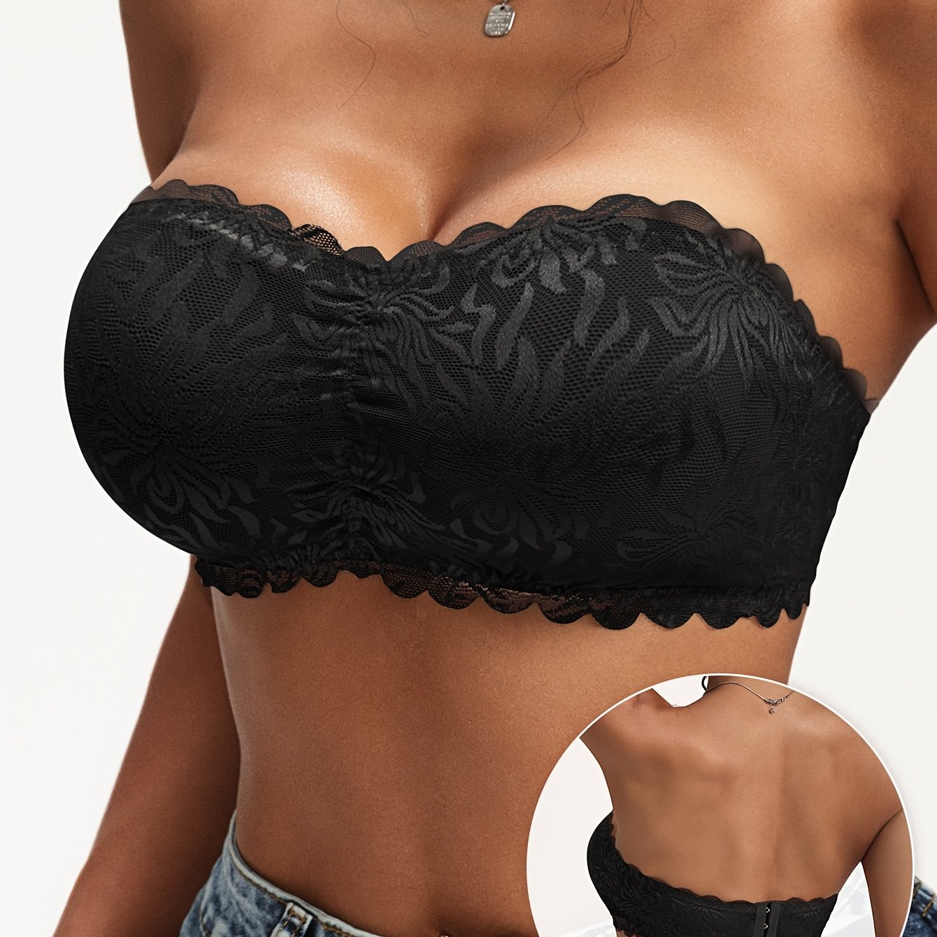Image of 1pc Women's Lace Pattern Fabric Daily Off-shoulder Elegant Wrap Top Bra, Exquisite Floral Texture Bra With Scalloped Edges, Wire-free With Removable Padding, Suitable For Multi-scene Daily Wear