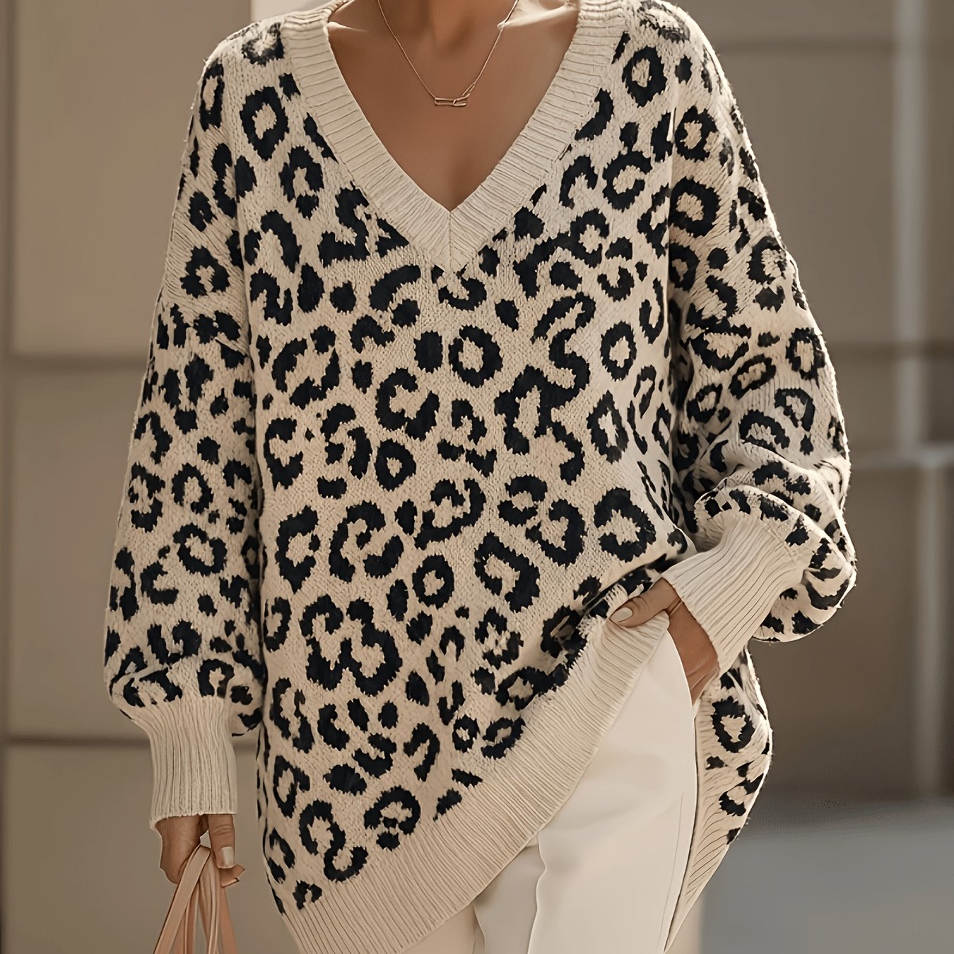 TEMU Pull Femme Imprimé Léopard Col en V, Manches Longues, Coupe , Haut à Enfiler, Confortable, , Épais, Ourlet et Poignets Côtelés, Idéal pour , ,
