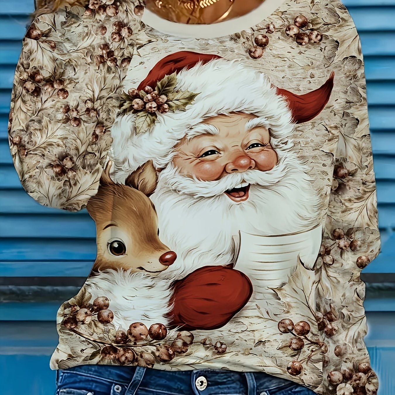 TEMU Santa Claus And Reindeer Print Long-sleeved T-shirt For Women - Casual Fabric, Round Neck, H-shape, Built-in Chest Pads, Pullover Top For Spring