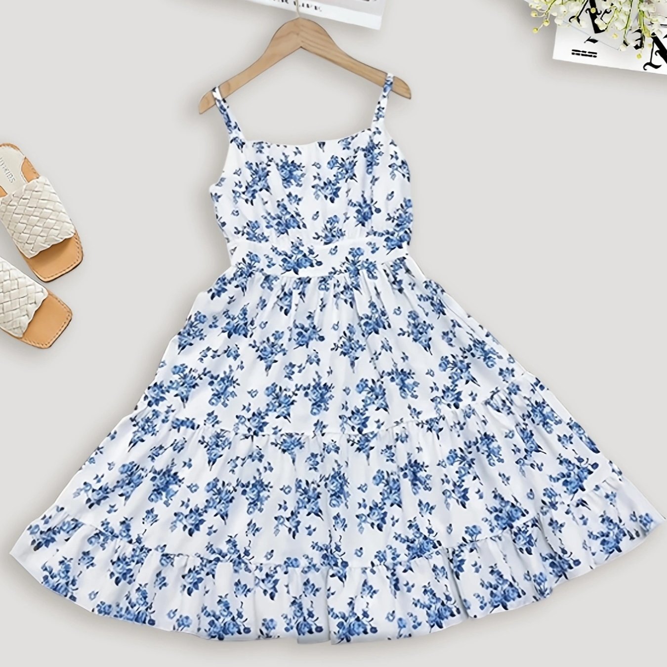 Image of Spring Summer Girls' Fashion New Style, Sunny Fresh Fun Back Ruched Pleated Floral Pattern Print Cami Waist-cinching Dress, Summer Casual Outing Vacation Party Outdoor Activities