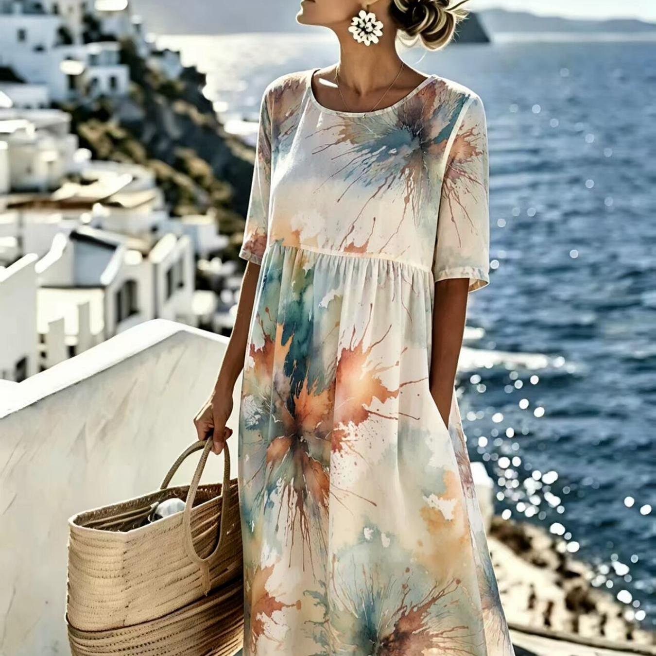 Image of Women's Summer Dress Floral Tie-dye Casual Resort Style Fashionable And Elegant Machine Washable Suitable For Daily And Commuting The For Gifts