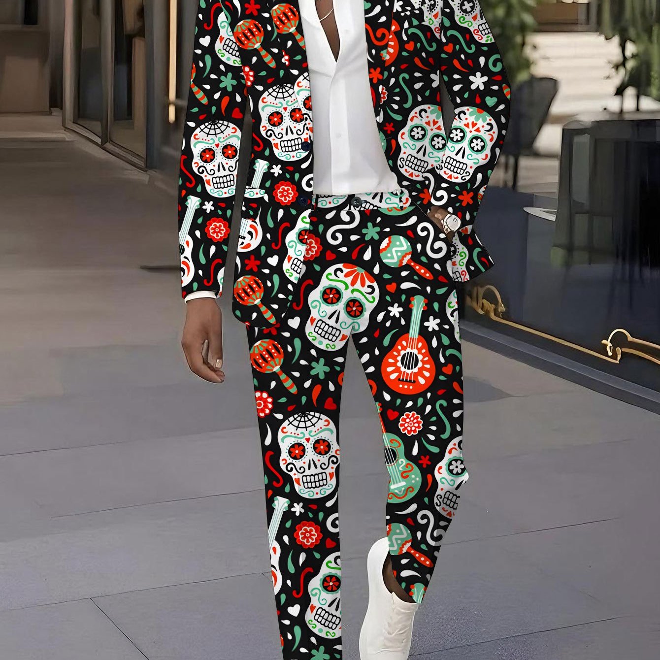 TEMU Suit   Trousers Combination Digital Printing Men's Suit Set Christmas Set Skull Guitar Floral Pattern Trendy Print Suit Jacket Plus Pants 2pcs