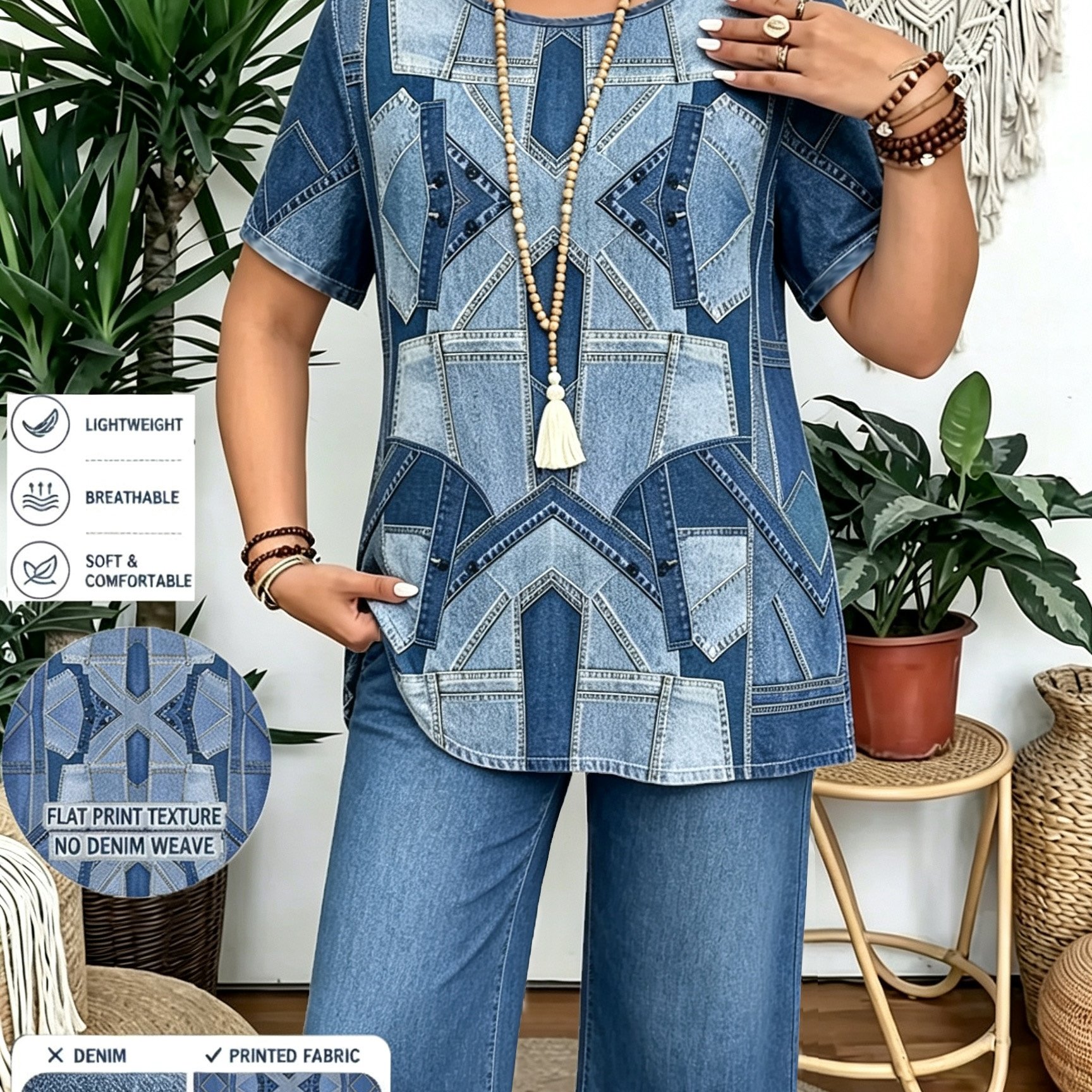 Image of Plus Size, This Large-sized Suit Features A Denim Pattern Print And Is With A 2pcs 5-inch Pant Set For An Elegant And Fashionable Design. Suitable For Home Use, Traveling, Gatherings, And Vacations.