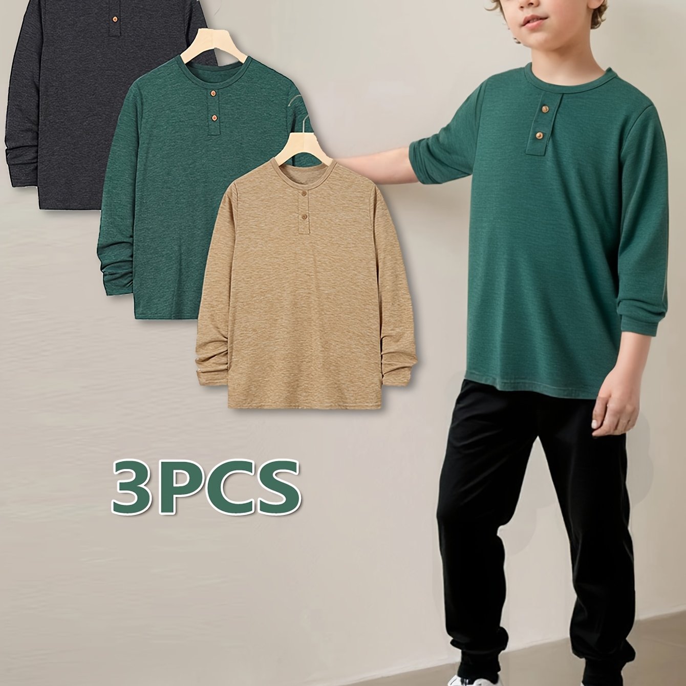 3pcs Set Boys' Long Sleeve T-shirts Spring Summer Style Casual Outfit For Older Kids