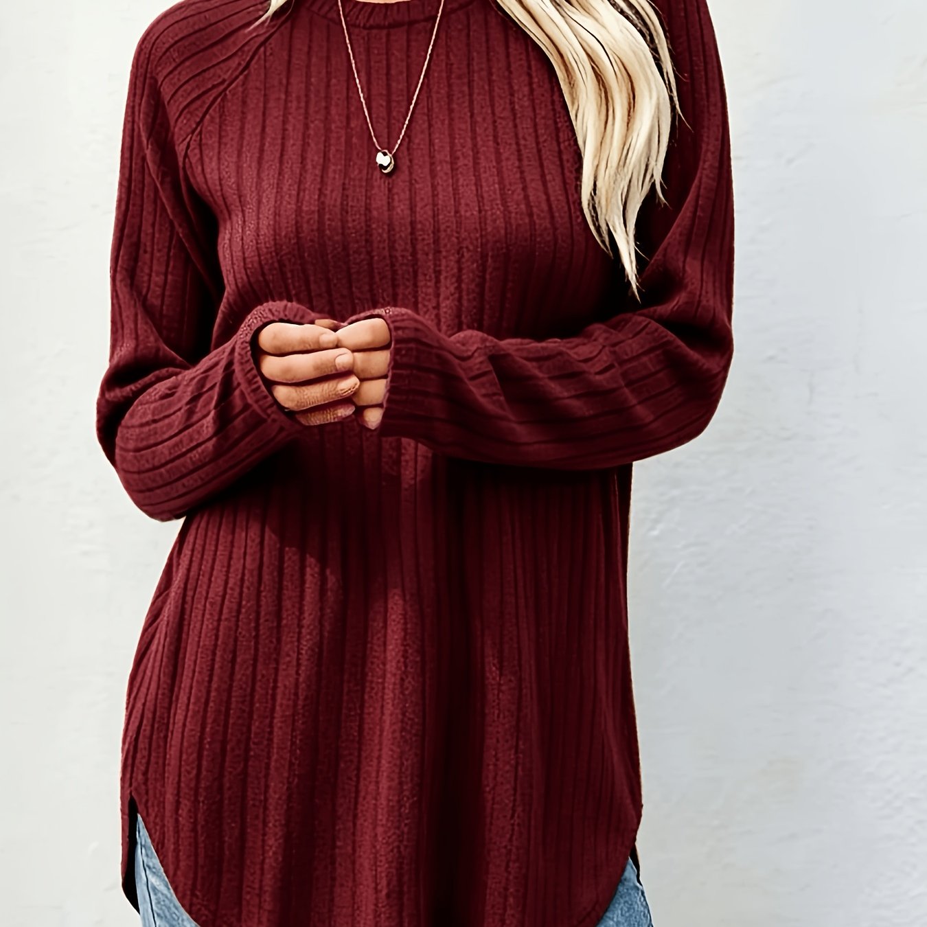 TEMU Women's Soft Ribbed T-shirt With Curved Hem - Solid Color Round Neck -compatible Basic Top | Medium Stretch Non-sheer Machine Washable Suitable
