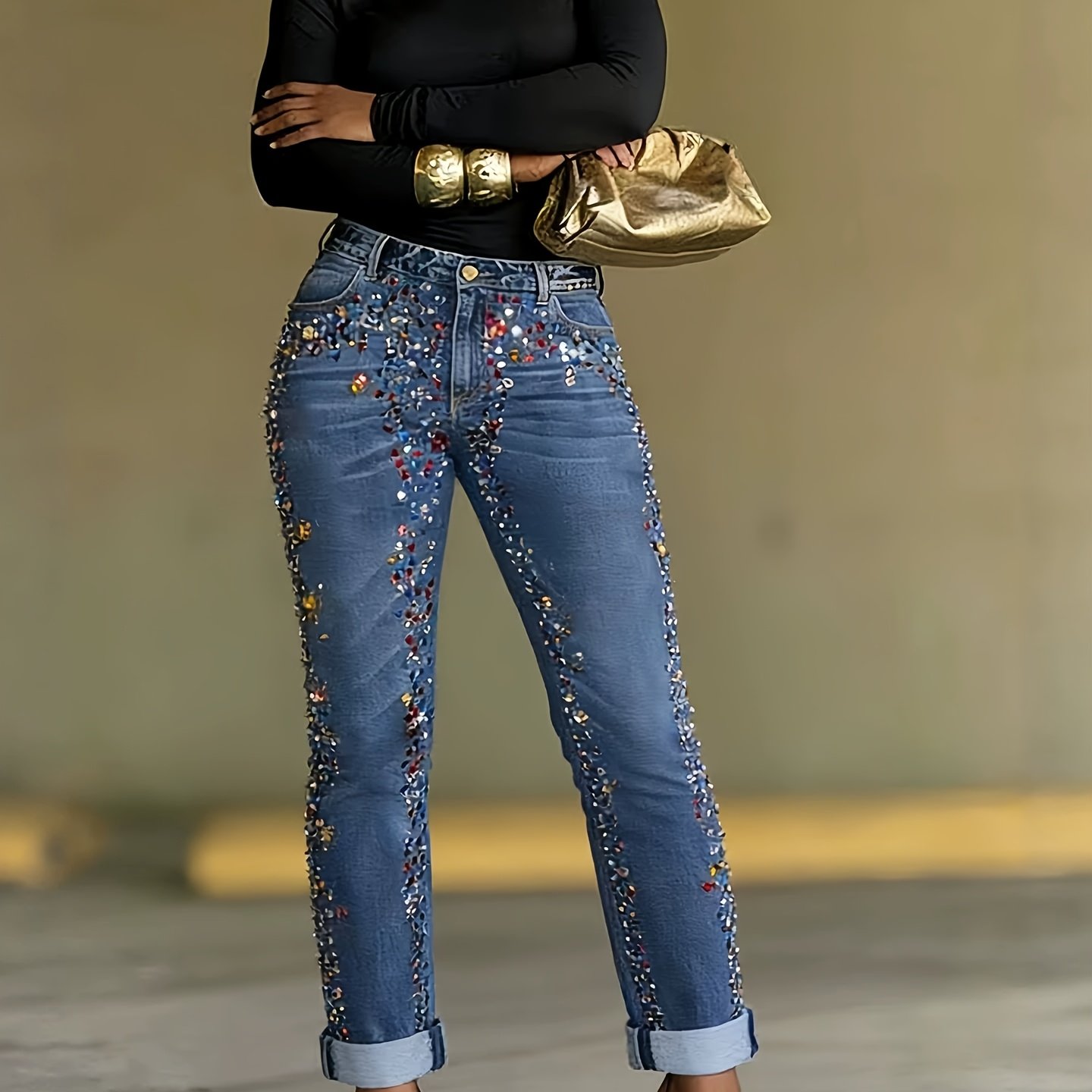 Image of New Arrival Women's Jeans, Rhinestone Denim Skinny Pants, Y2k Hip Hop Streetwear Denim Jeans, Regular Fit, Casual Elegant Retro Versatile Washed Denim Trousers