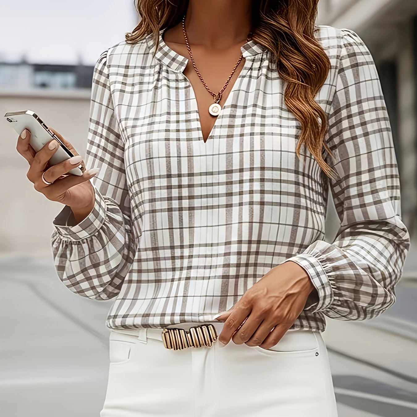 E-shop Elegantes V-Ausschnitt Karo Langarmhemd | Frühling/Herbst , Geeignet für Arbeit und Freizeit