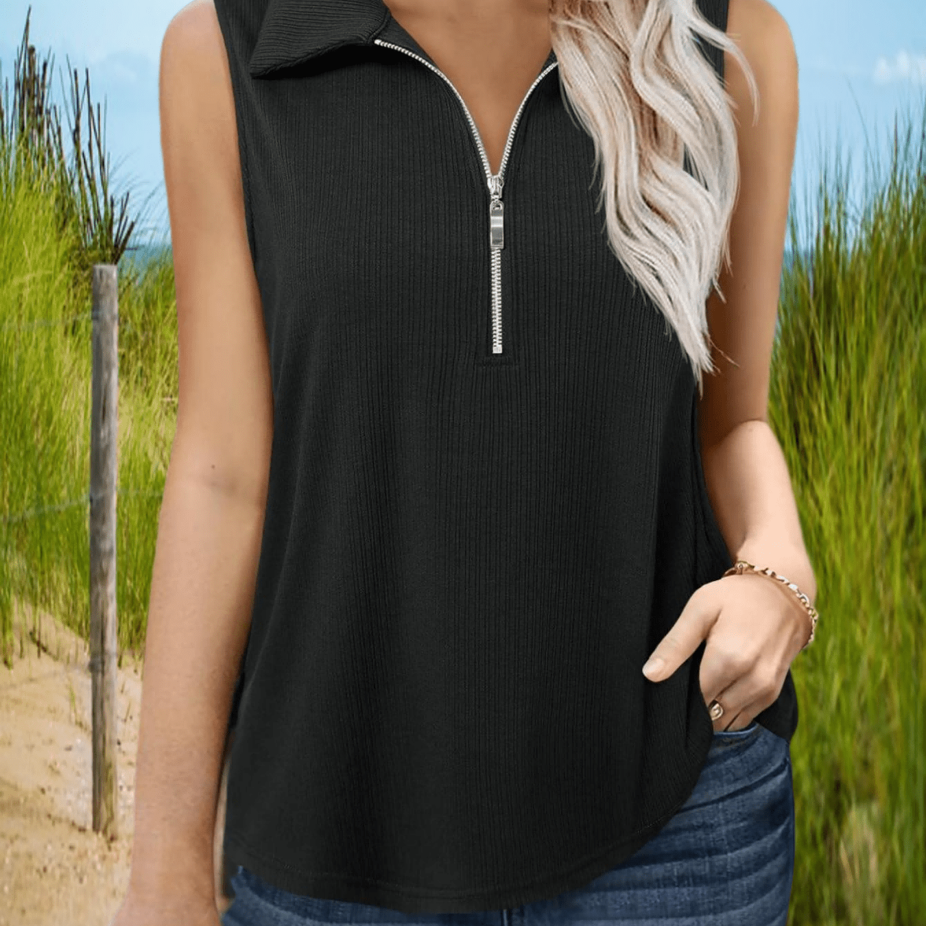Image of Women' Summer Tank Tops Zipper V Neck Ribbed Sleeveless Top Casual Loose Business Blouses