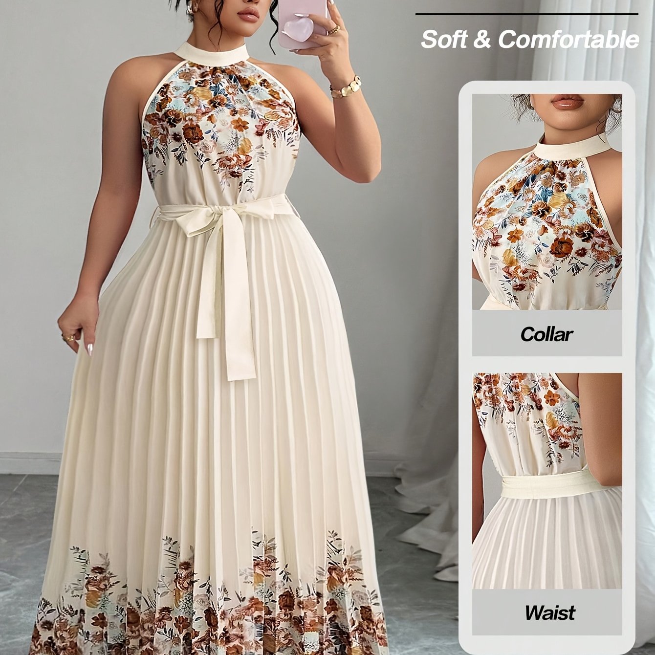 TEMU Plus Size - Plus Size - Women's Plus Size Floral Print Halter Neck Long Dress, Tie-front Pleated Sleeveless A-line Flowy Skirt, Elegant Summer