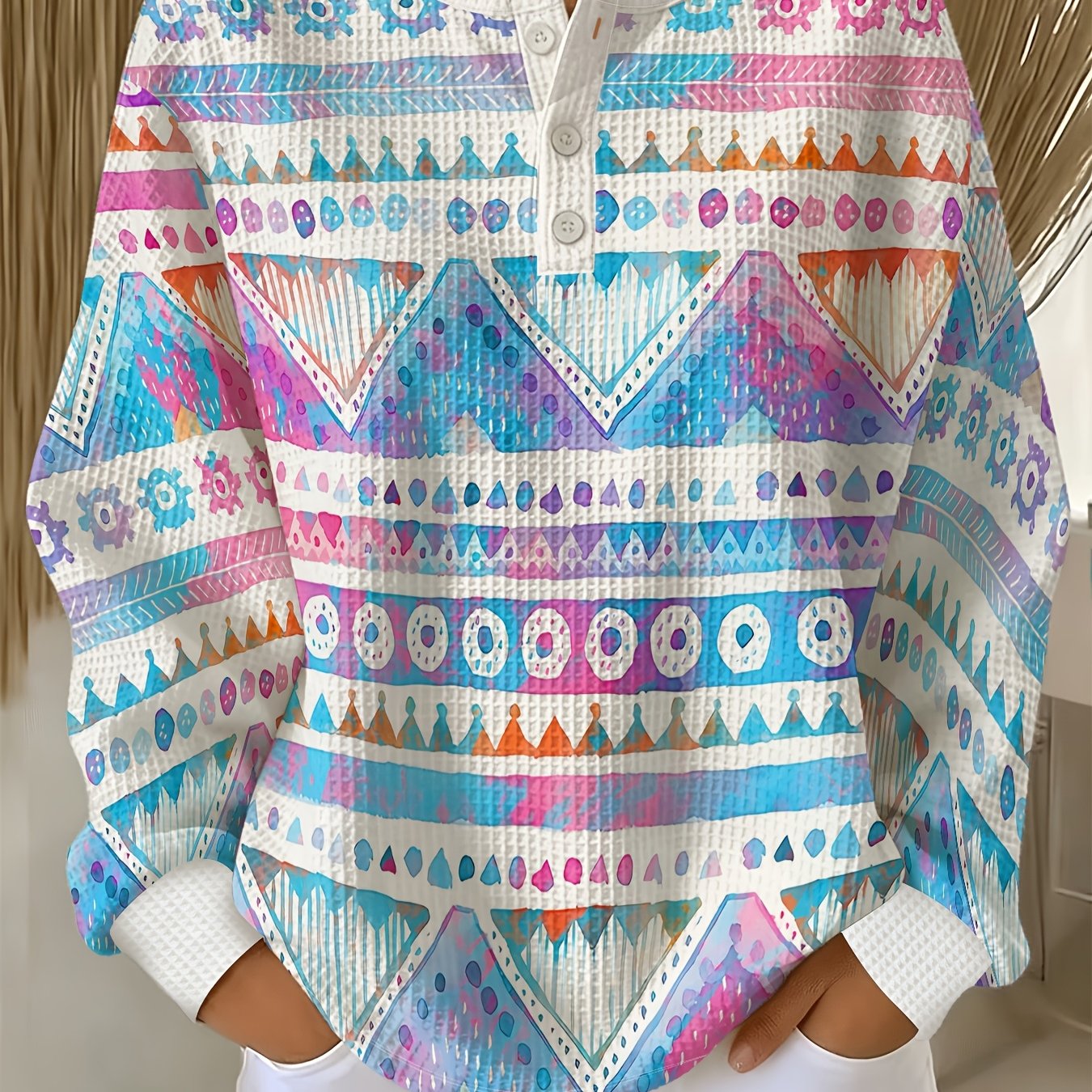 TEMU Plus Size, Plus-size Women's Exotic Vintage Waffle Sweatshirt With Exquisite Pink, Blue, And Purple Geometric Stripe Pattern