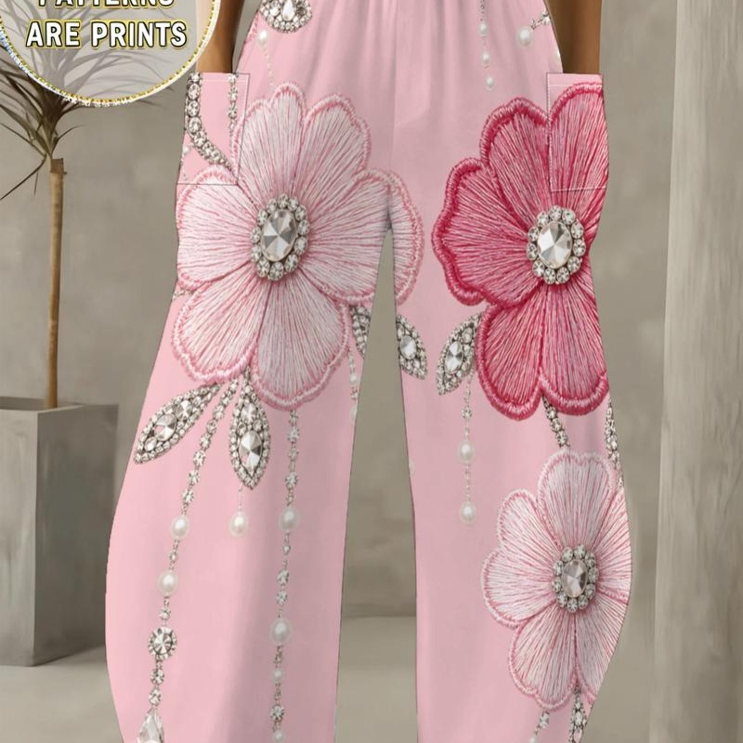 TEMU Plus Size Women's Trousers, Floral Colors, Multiple Sizes Available, Fabric, Elegant Embroidered With Rhinestones And Pearls, Suitable For Daily