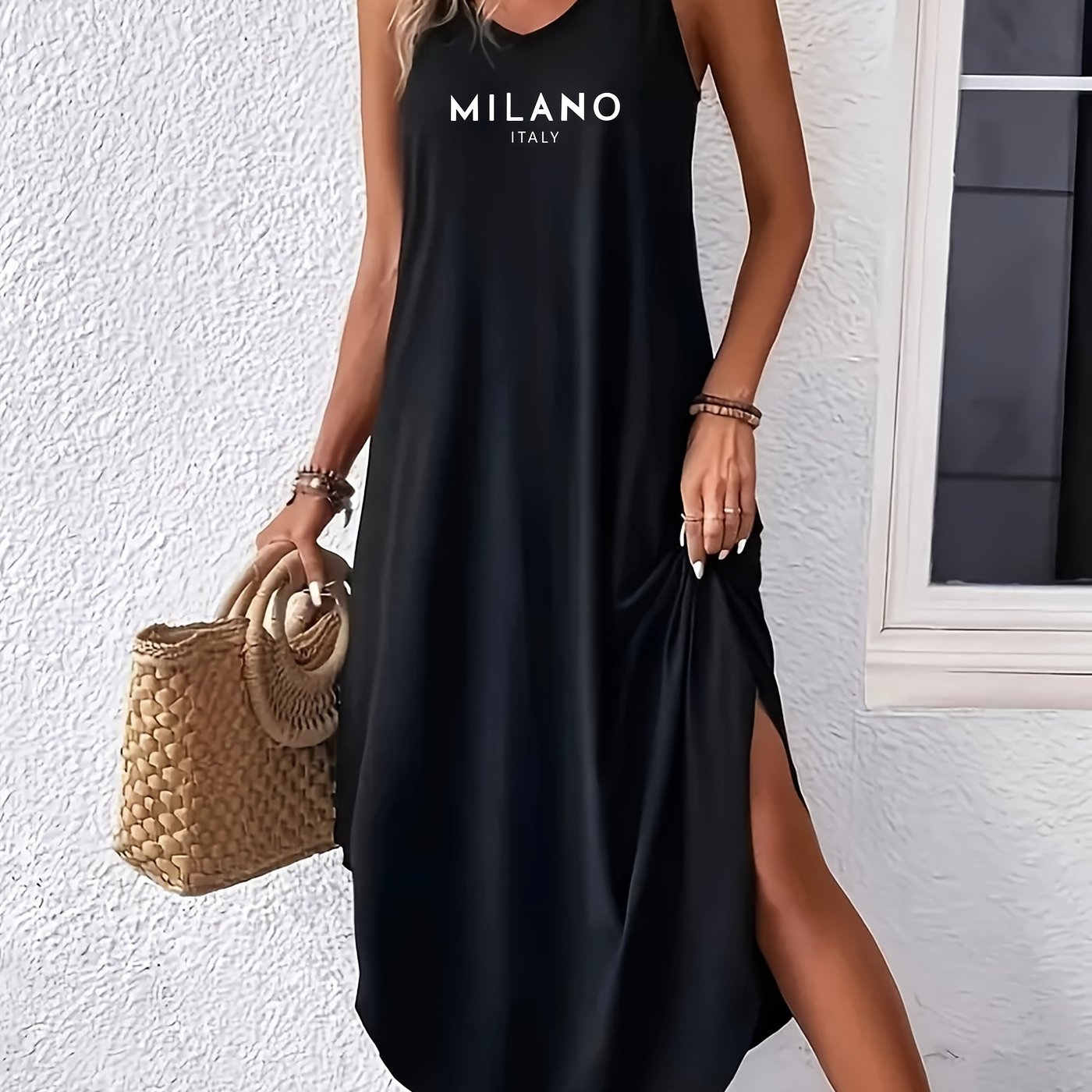 Image of Letter Print Curvy Hem Cami Dress, Sexy Sleeveless Spaghetti Strap Loose Maxi Dress, Women's Clothing