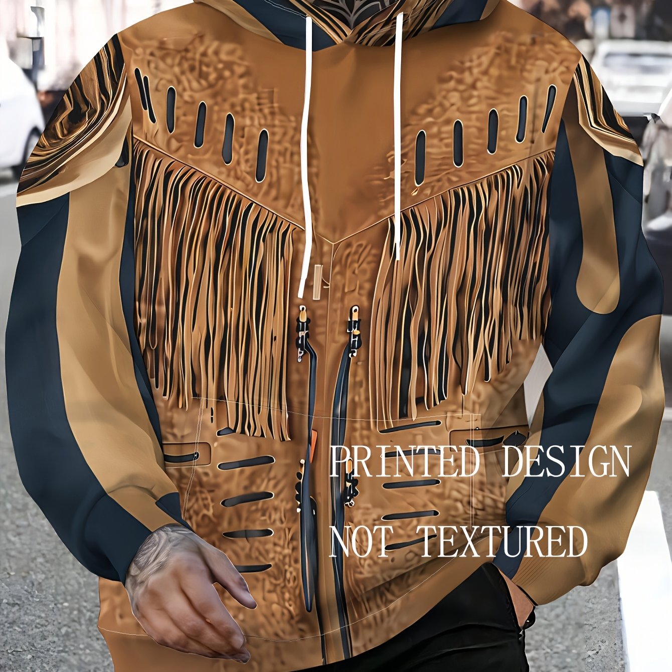 TEMU Printed Design – Not Textured Fashion Hooded Sweatshirt, Casual Sporty Hoodie With Tan Tassel-decorated Vest On A Dark With Front Pocket -