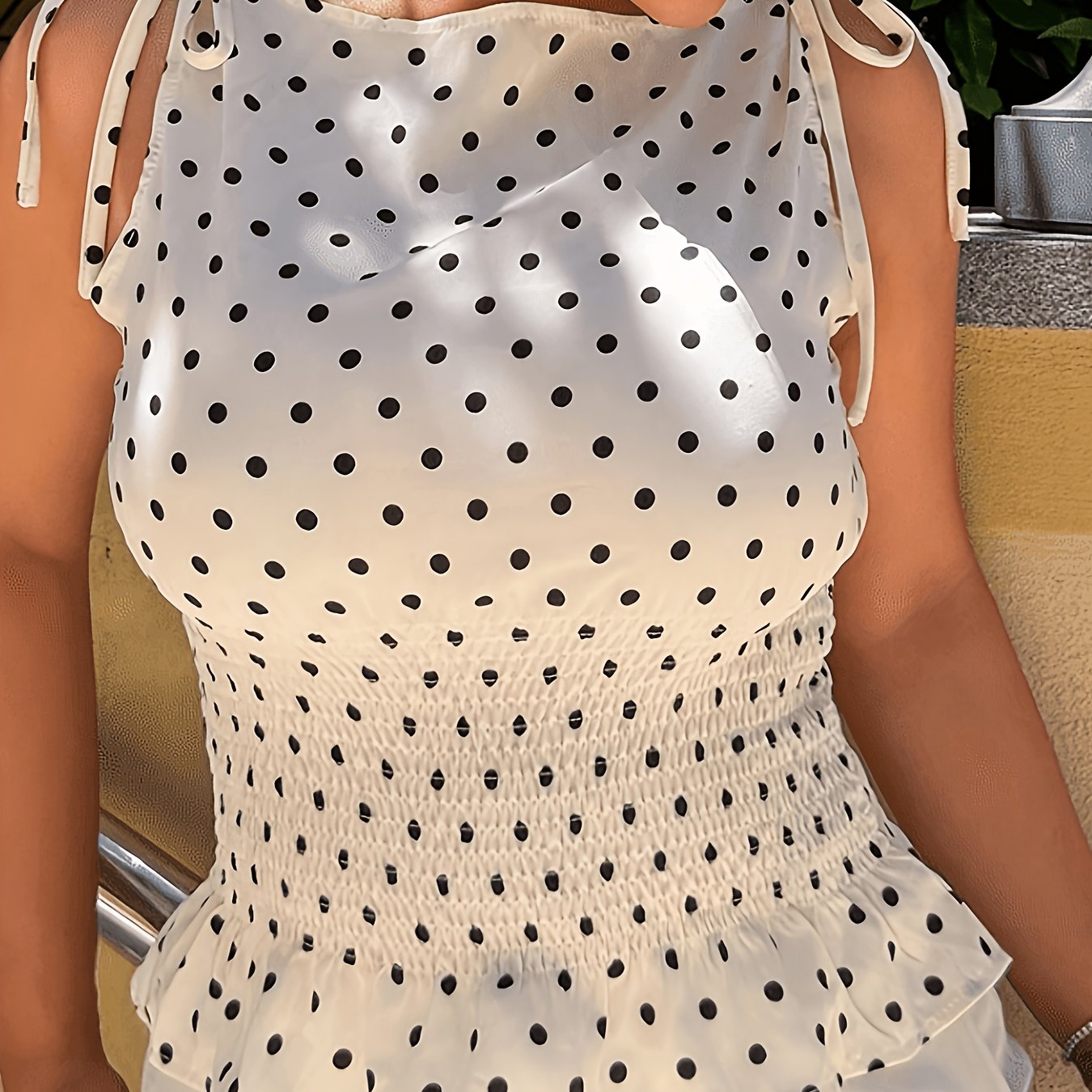 TEMU European And Polka Dot Tie-strap , Stretchy Wrap-front Waist-cinching Ruffle Hem Short Top, Slim-fit Vest With , Pear-shaped Body-friendly Style