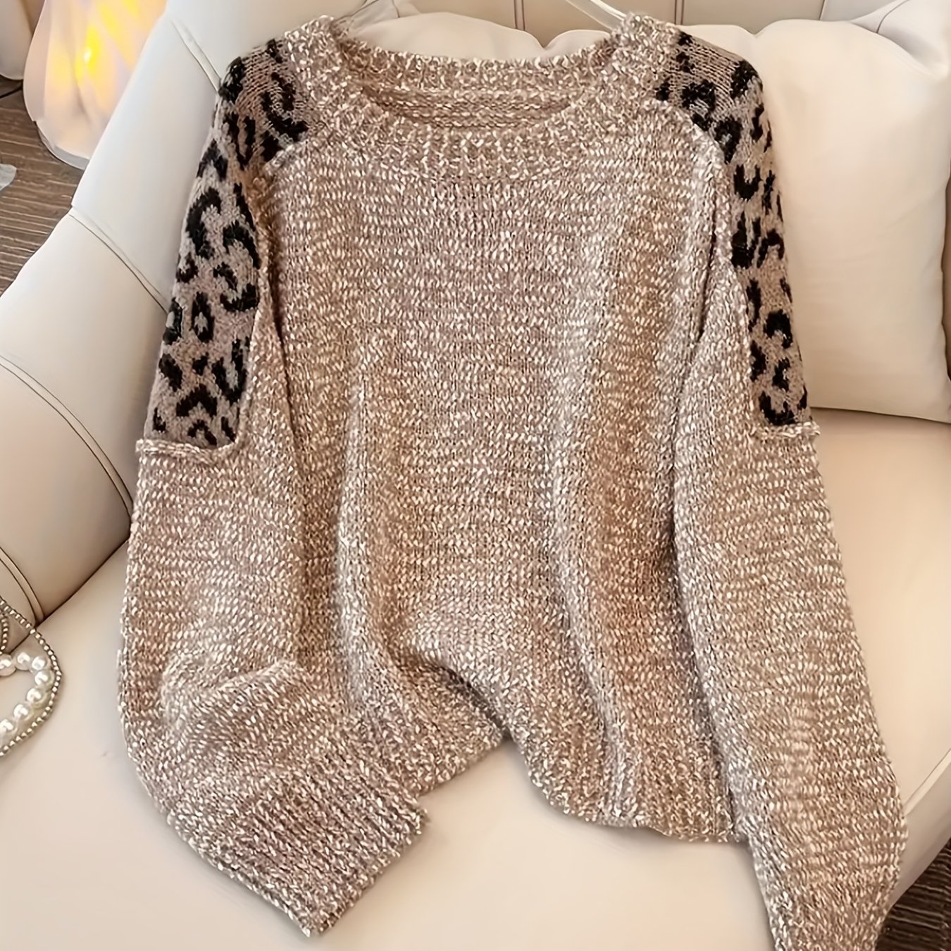 E-shop Lässiger, eleganter Pullover, Patchwork-Leopardenmuster, Langarm, Damen-Pendler-Outfit