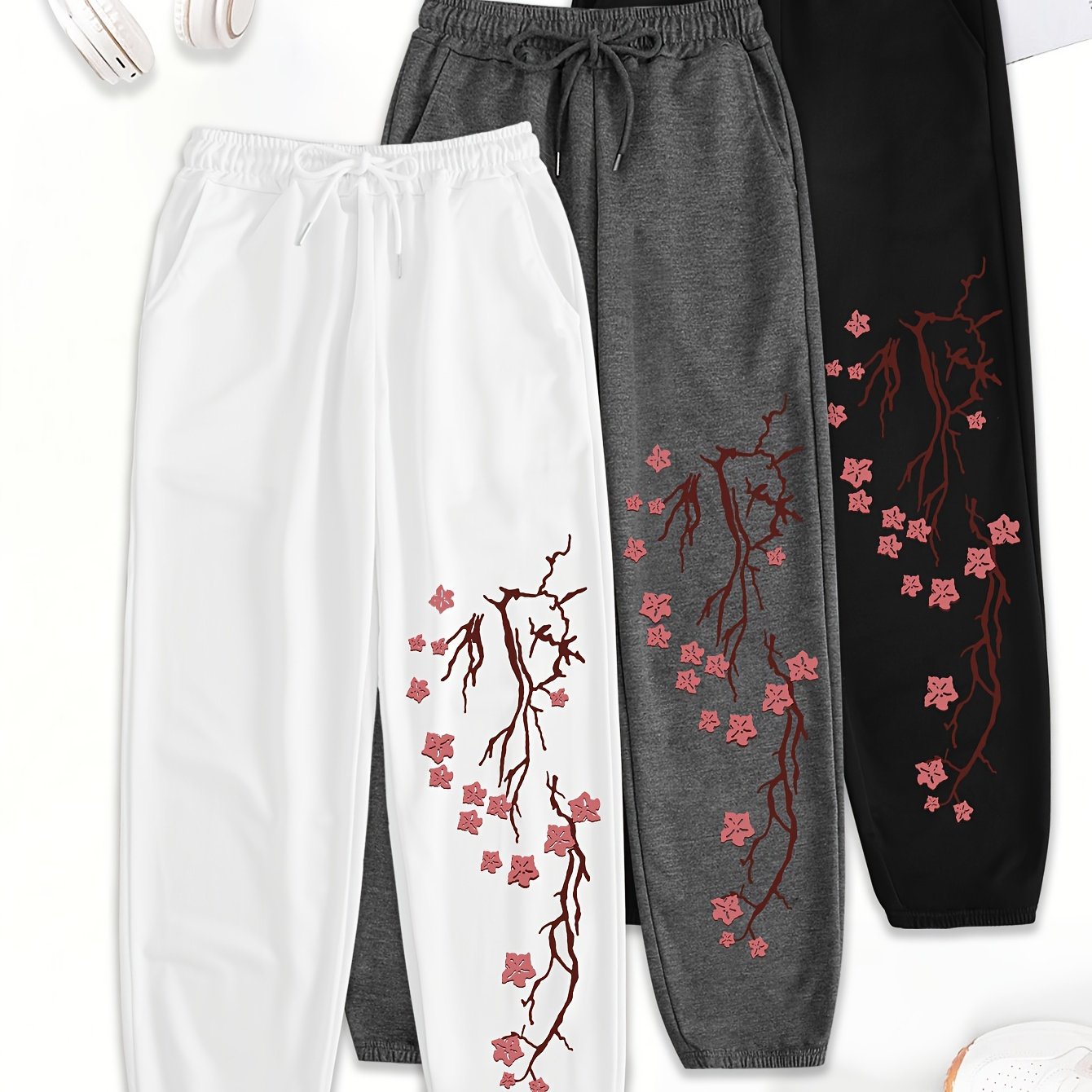 TEMU Set Of 3 Letter Print Trousers, Comfortable Elastic Waist Casual Pants For Women