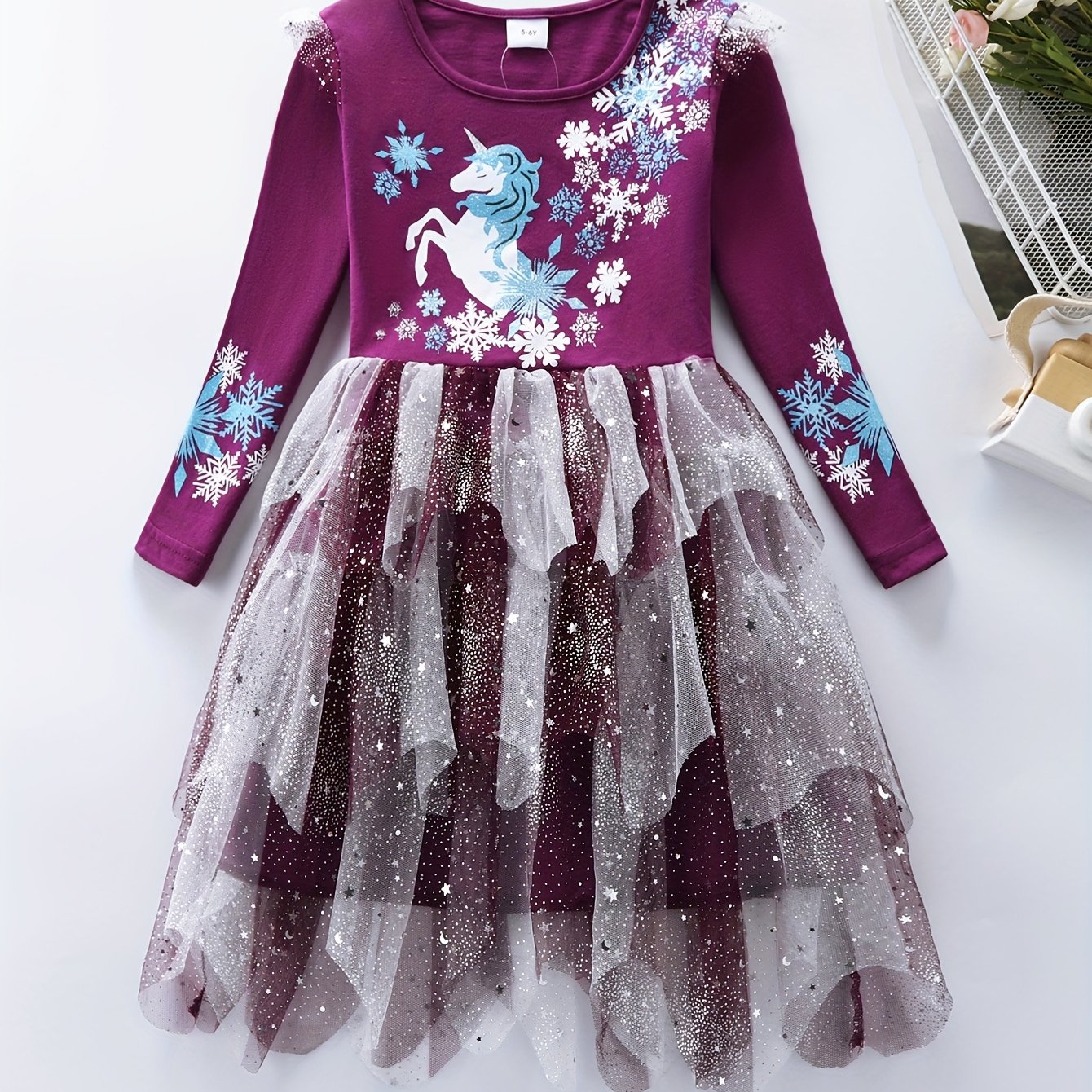 Image of Jxs Neat Girls' 3-tier -line Party Dress With Christmas Snowflake & Horse Print, Netting Panels - Knee-length Winter Birthday Gown, Machine Washable For Christmas Parties ( & Little Dress) Lh1735
