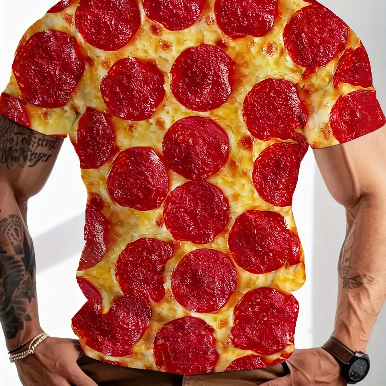 TEMU Plus Size Men's Summer Casual Wear, Men's Full Print Short Sleeve Digital Pizza Pattern Printed Round Neck T-shirt, And 's Top, Breathable Sport