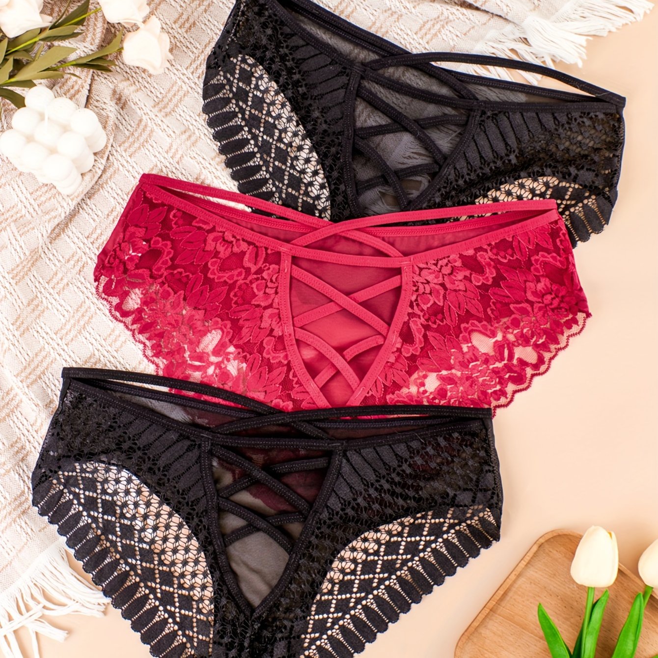 Image of 3pcs Plus Size Sexy Lace Women's Underwear Solid Bandage Ladies Briefs Transparent Lingerie Hollow Out Panties High Waist