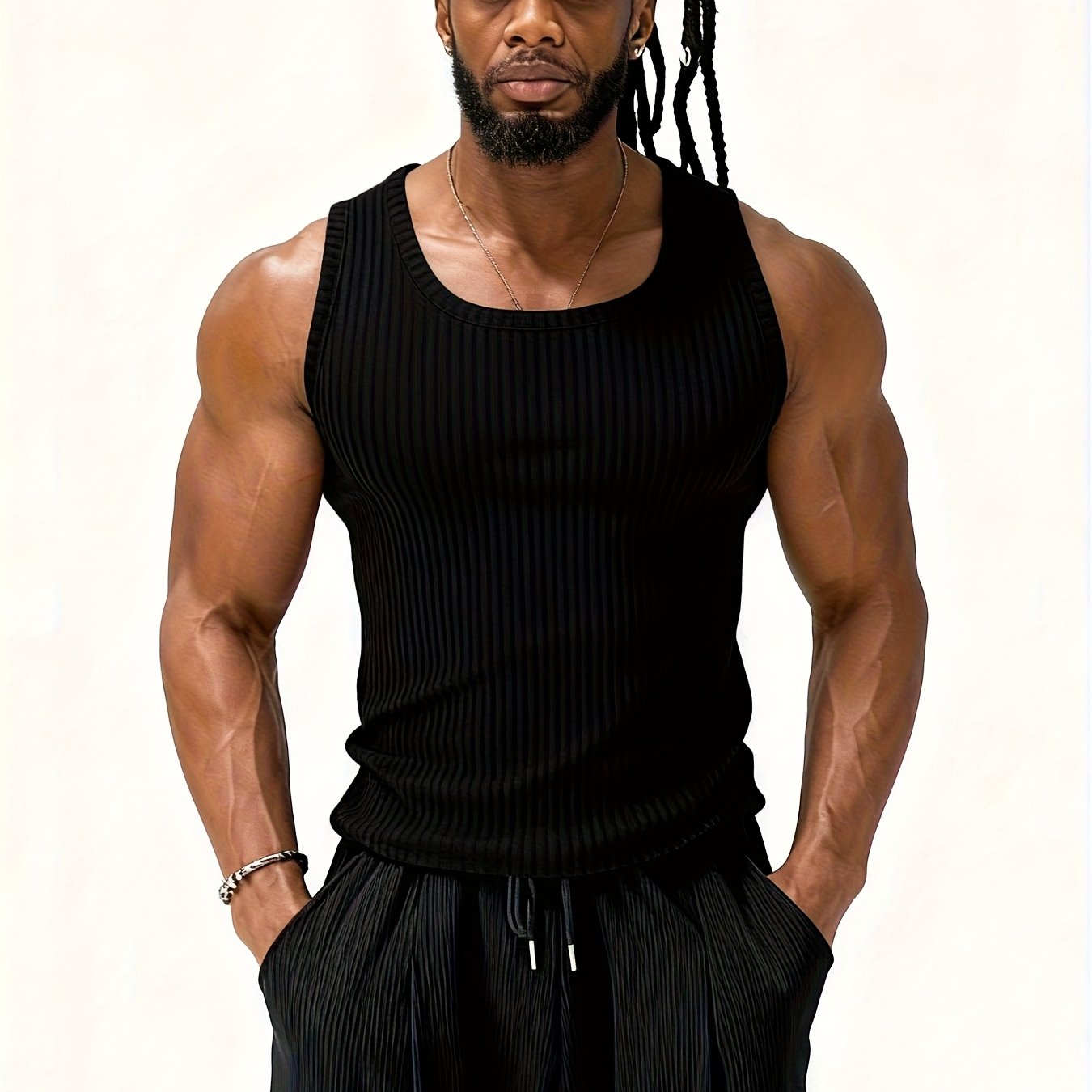 TEMU Xingmengzhi Obm Men's Fashion Ribbed Tank Fit Sleeveless Elastic Base T-shirt -hugging Casual Trendy Tank Top