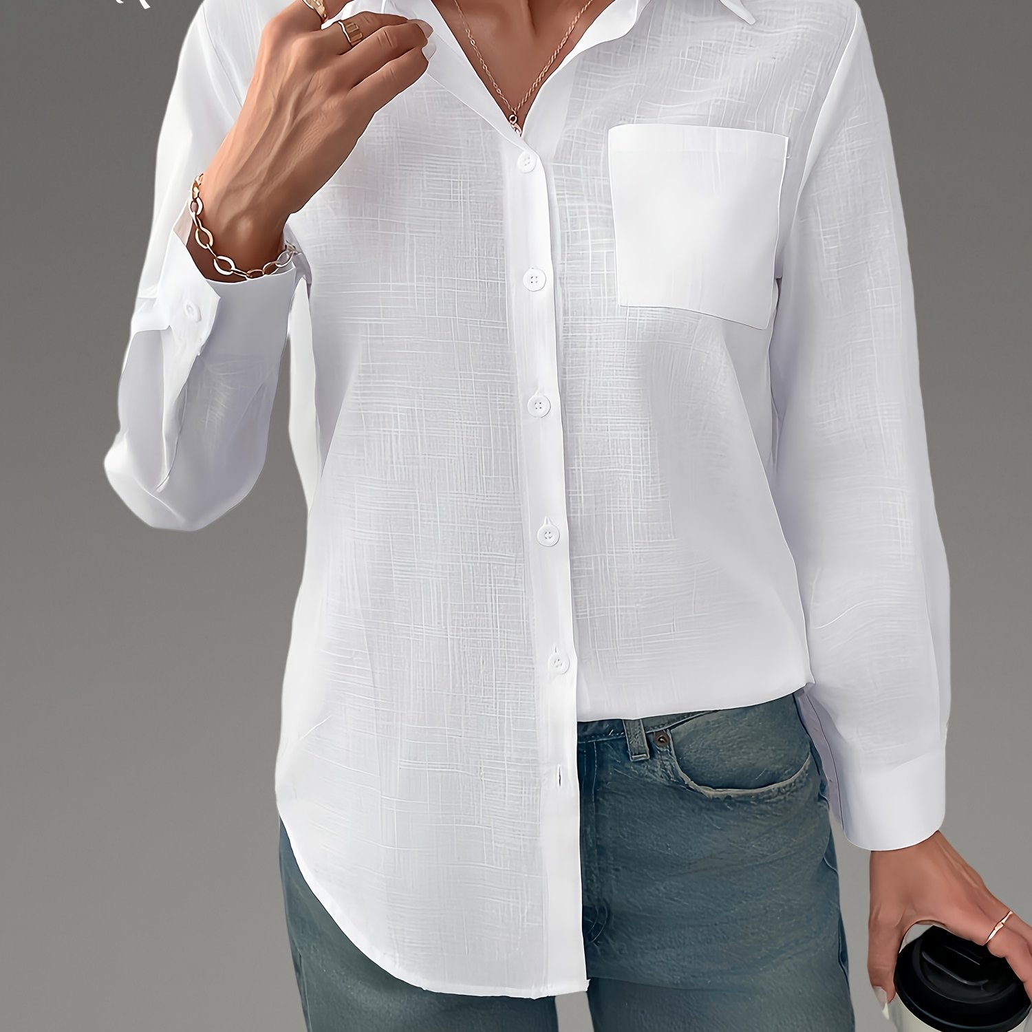 Image of Fashionable Classic Spring/autumn Women's Shirt With Knot Pocket, Single-breasted Front , Long Sleeves, , Casual Outerwear For Women