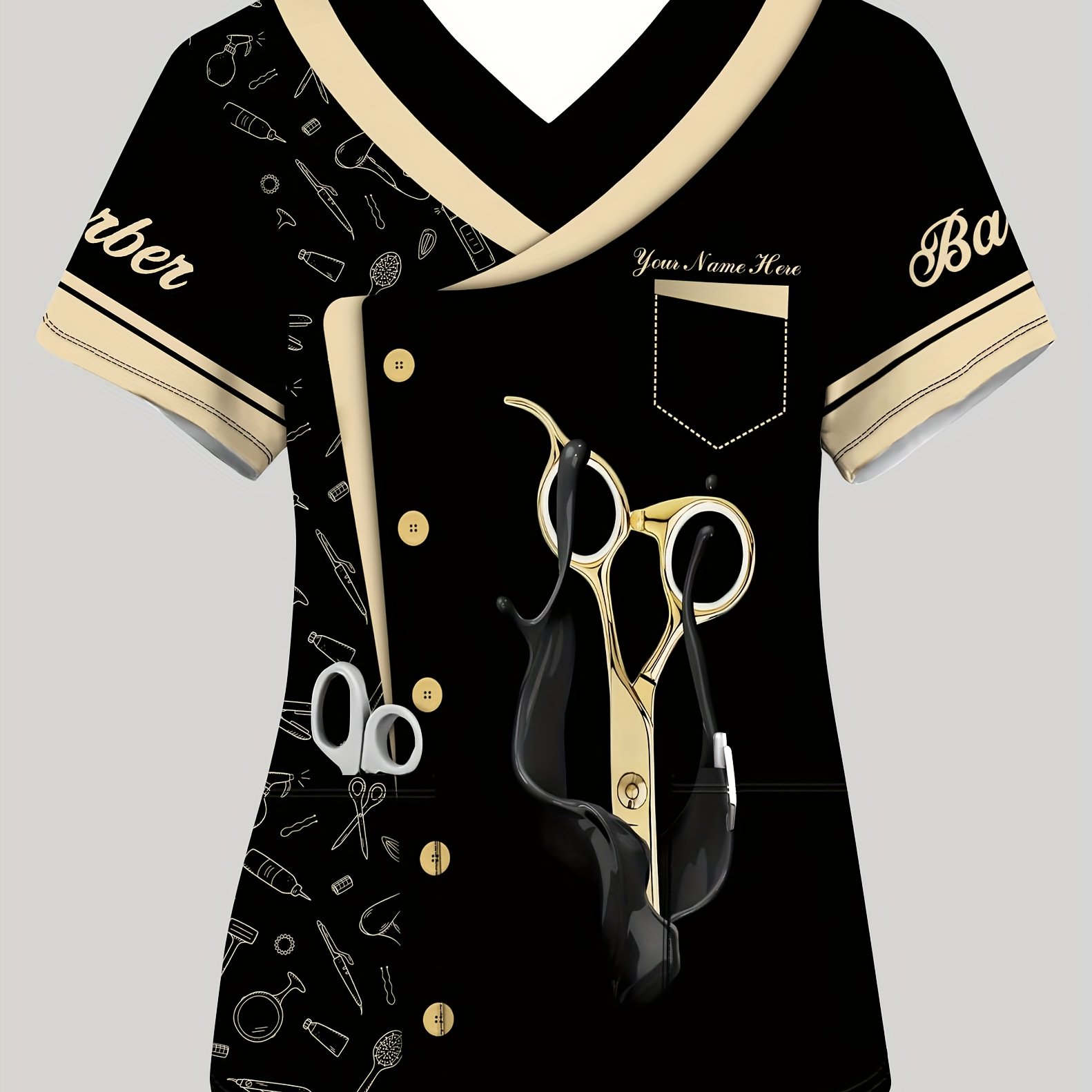 TEMU Customized Barber Name Workwear T-shirt, Casual Comfortable Pocketed Women's Top With Personalised Printing For Hairstylists And Stylist - Short