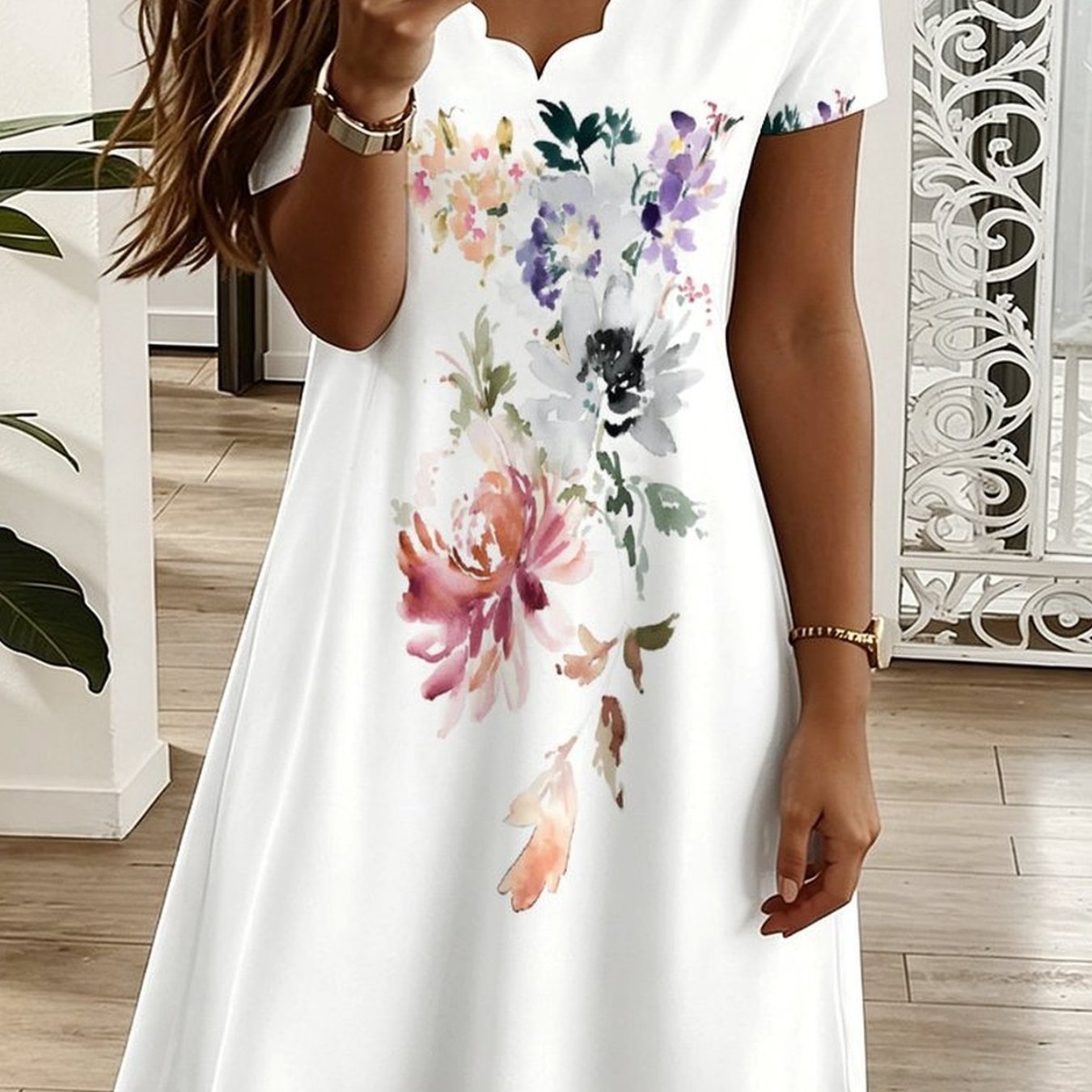 Plus Size - Summer -neck Short Sleeve Dress, All Over Geometric , Elegant Women Dress For Vacation Casual Party
