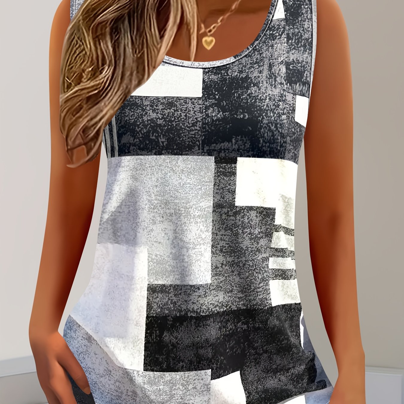 E-shop Sommer Damen Mode Color Block Print Ärmelloses Rundhals Casual Tanktop