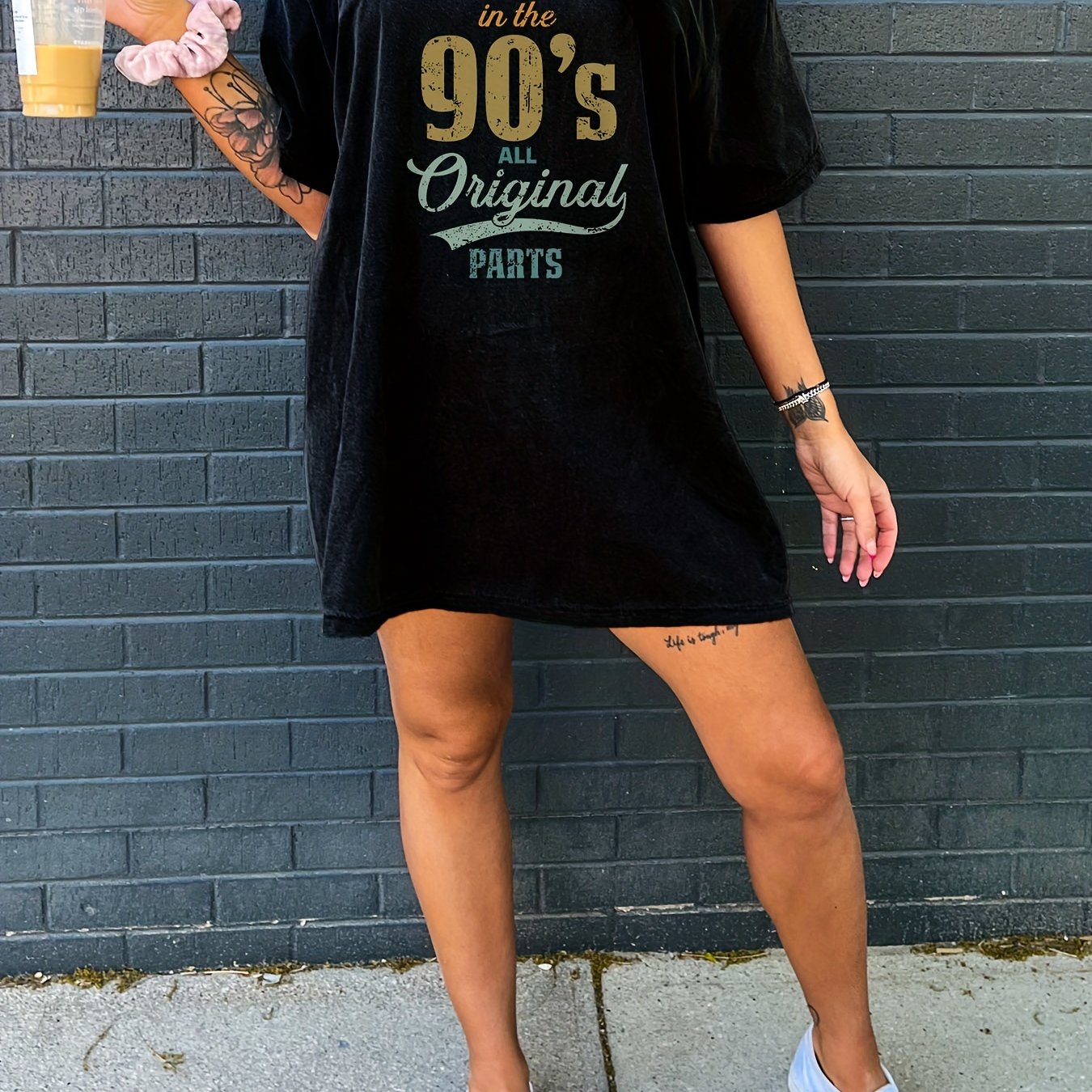 Image of Letter Print Crew Neck Tee Dress, Casual Short Sleeve Dress For , Women's Clothing