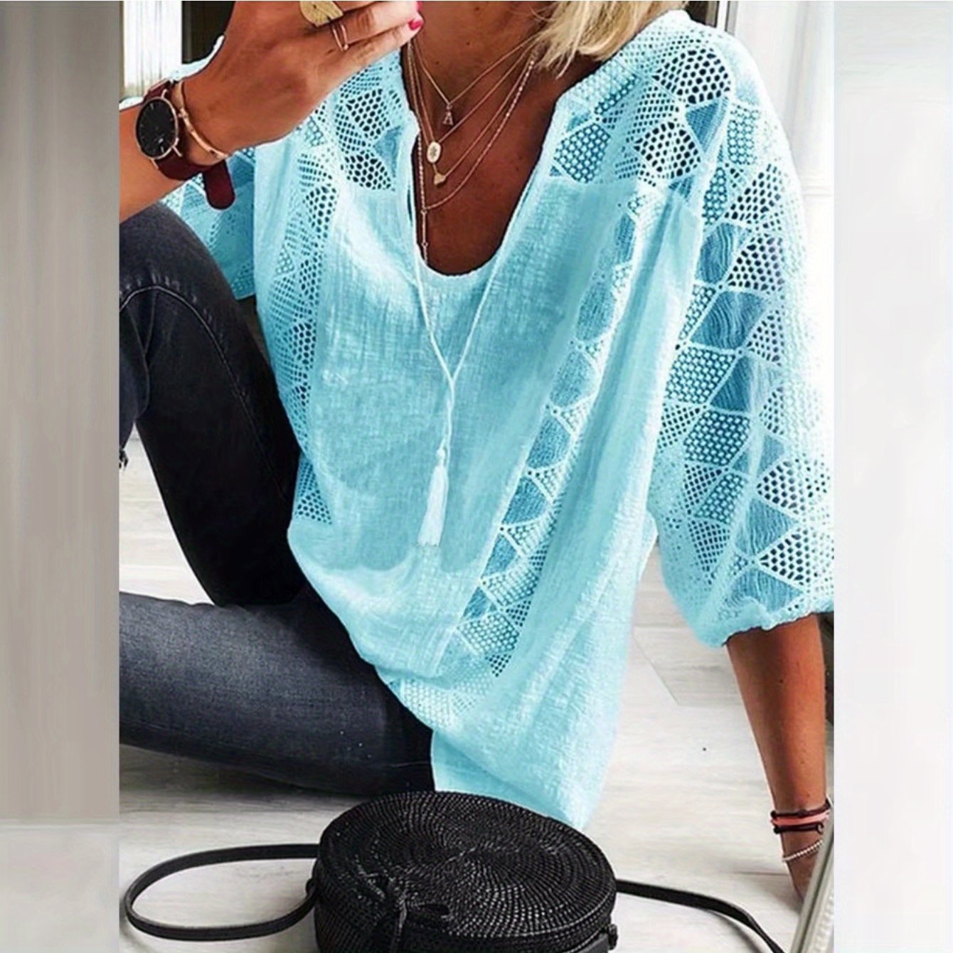 TEMU Plus Size Geometric Eyelet Tunic Top - 3/4 Sleeve Cotton Shirt (l-5xl) | Machine Washable & Layering Fit Breathable Cotton Lining | Flowy